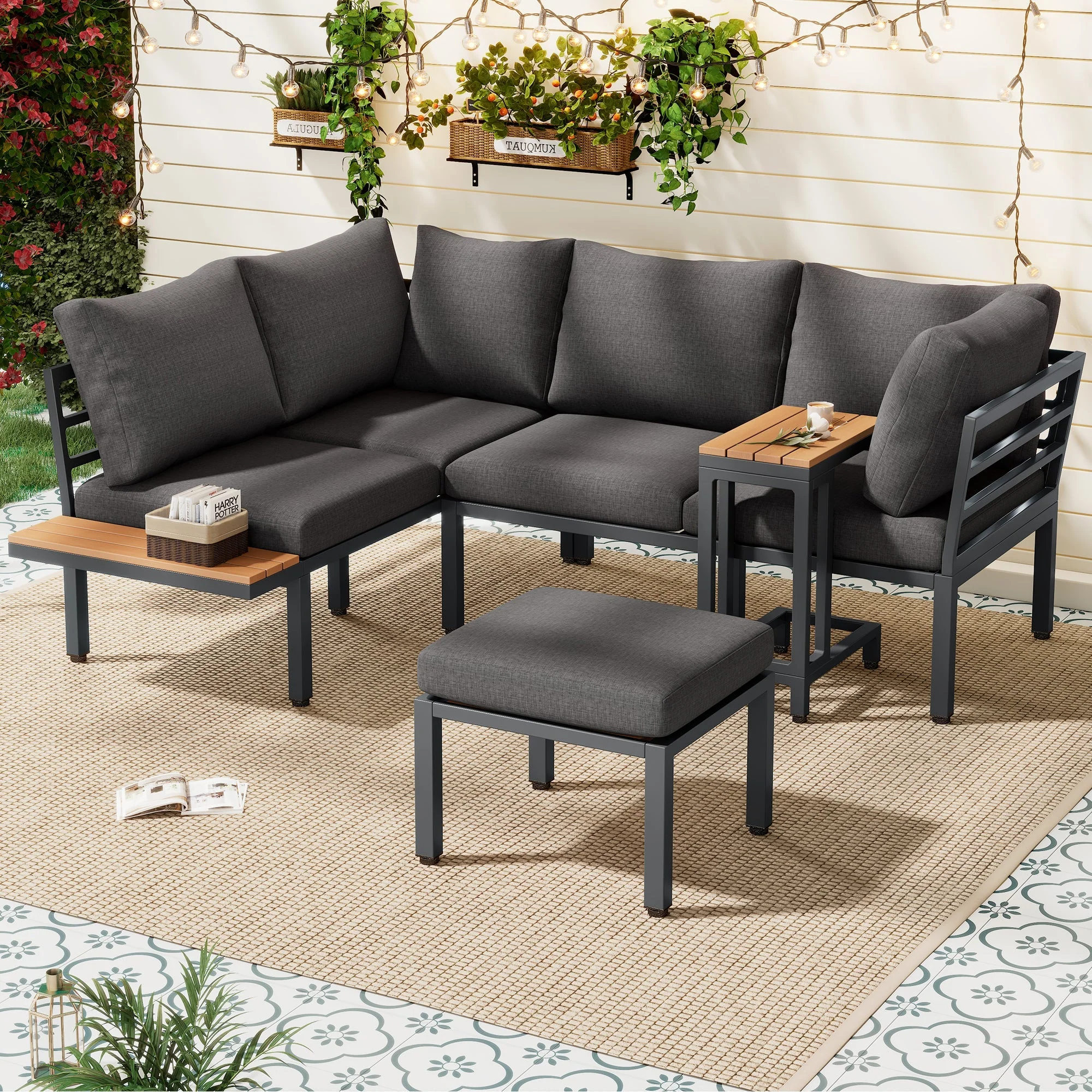 Garden Furniture Set with Sofa and Multi-functional Tables, Galvanized Steel and Wood-look Plastic, Grey and Black - Image 4