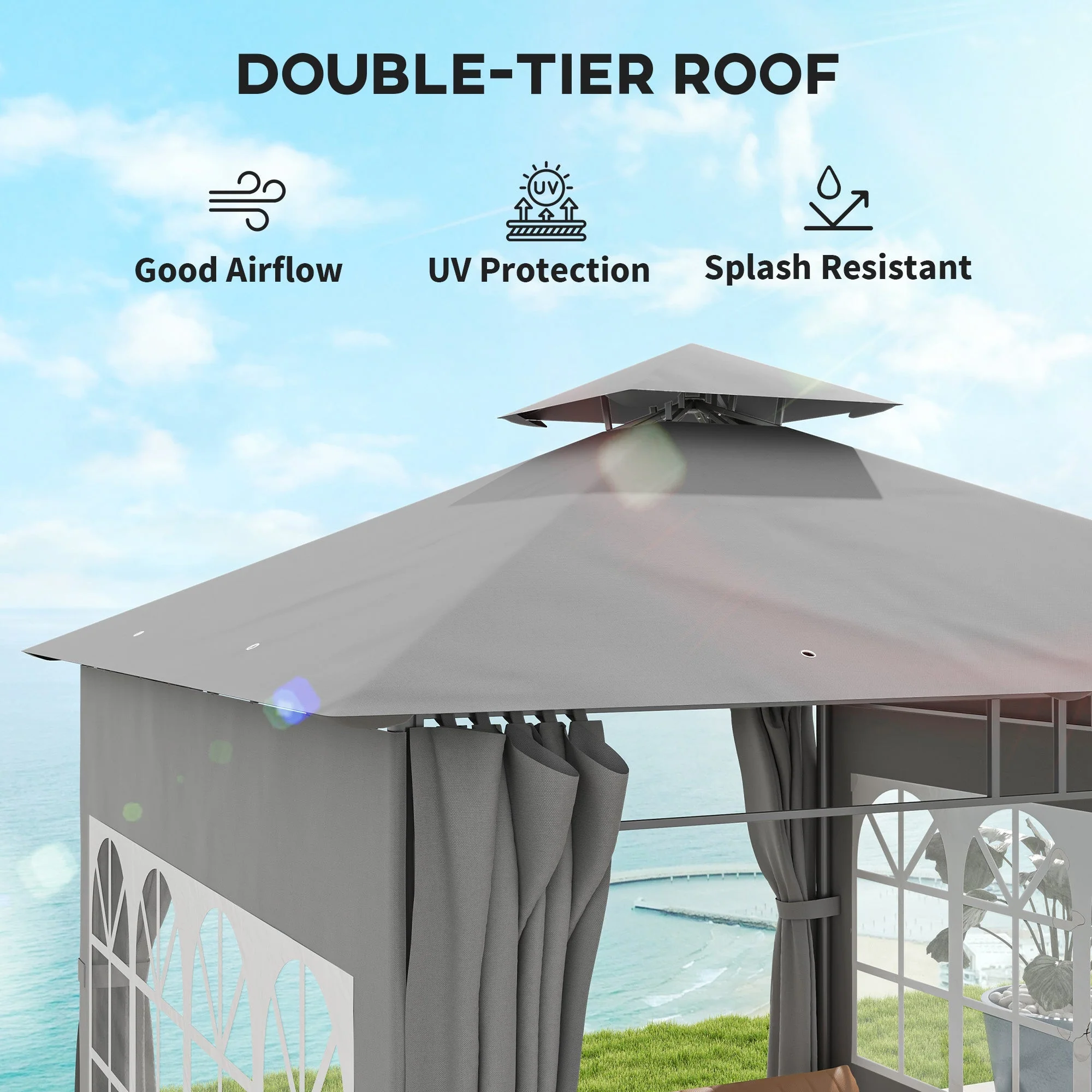 Garden Gazebo 3x3m Double Roof with Sidewalls, Light Grey - Image 5