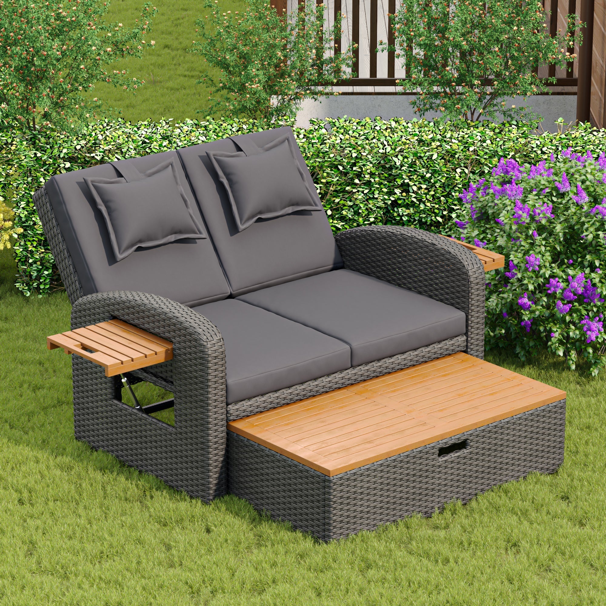 Garden Lounge Chair Set 2-Person Adjustable Back Convertible Bed - Grey Rattan - Image 2