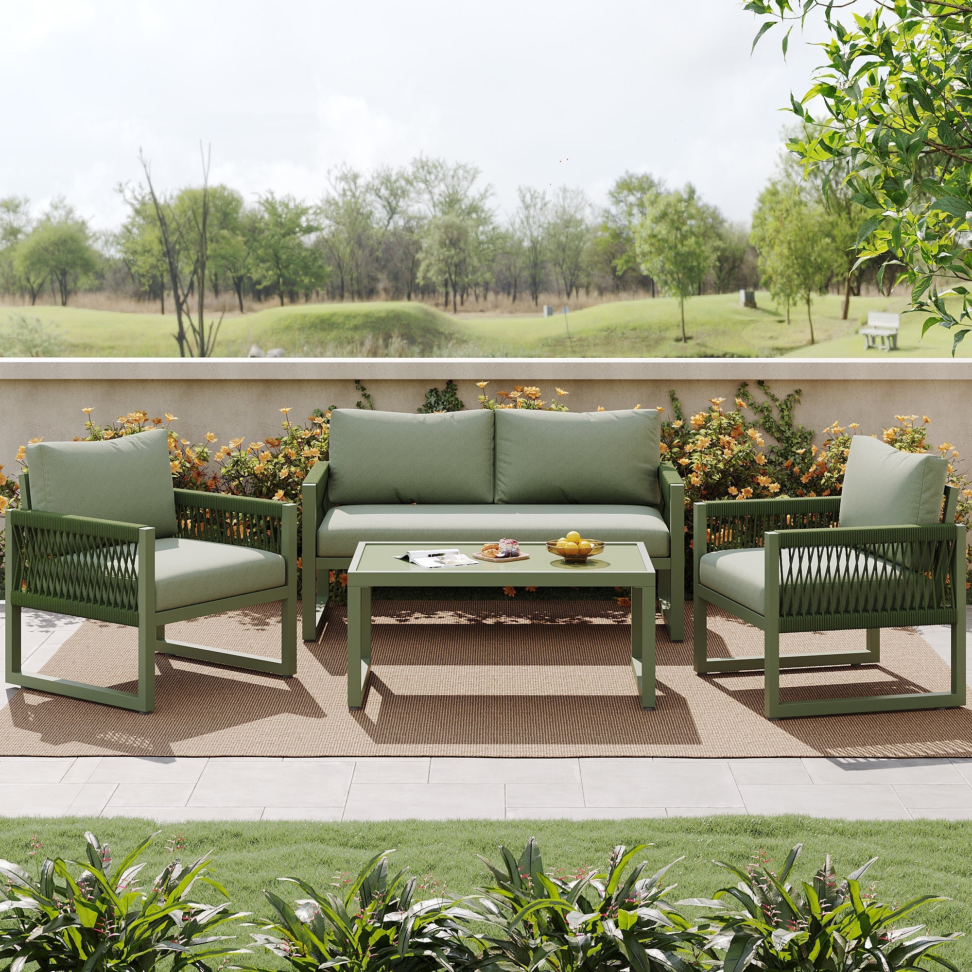 Garden Lounge Chair Set 4-Piece Rope/Iron Frame Glass Top - Green - Image 2