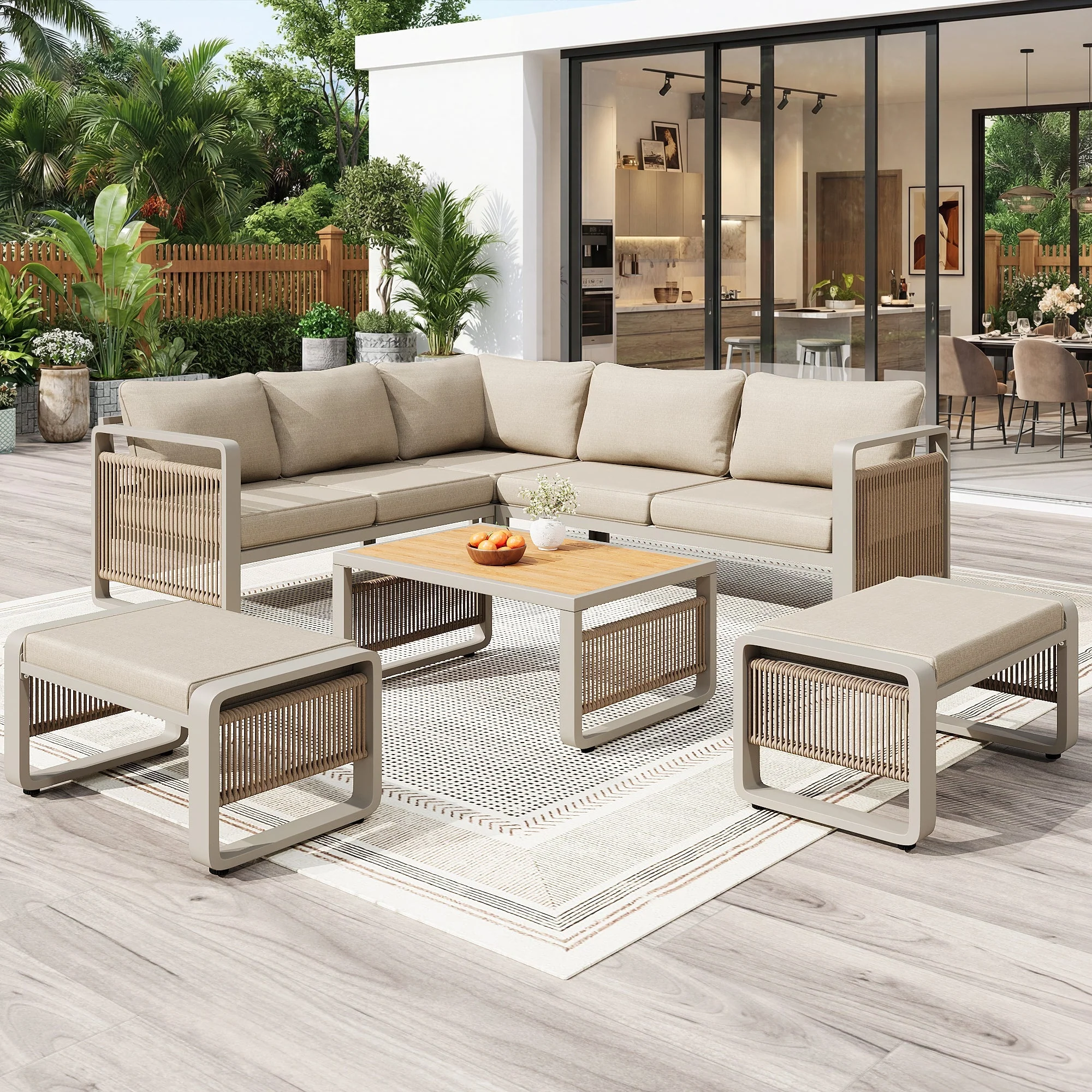Garden Lounge Chair Set for 6-7 People, Weatherproof Corner Sofa and Lounger, Handwoven Rope and Iron, Beige - Image 2