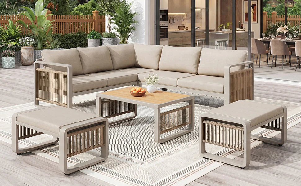 Garden Lounge Chair Set for 6-7 People, Weatherproof Corner Sofa and Lounger, Handwoven Rope and Iron, Beige - Image 5