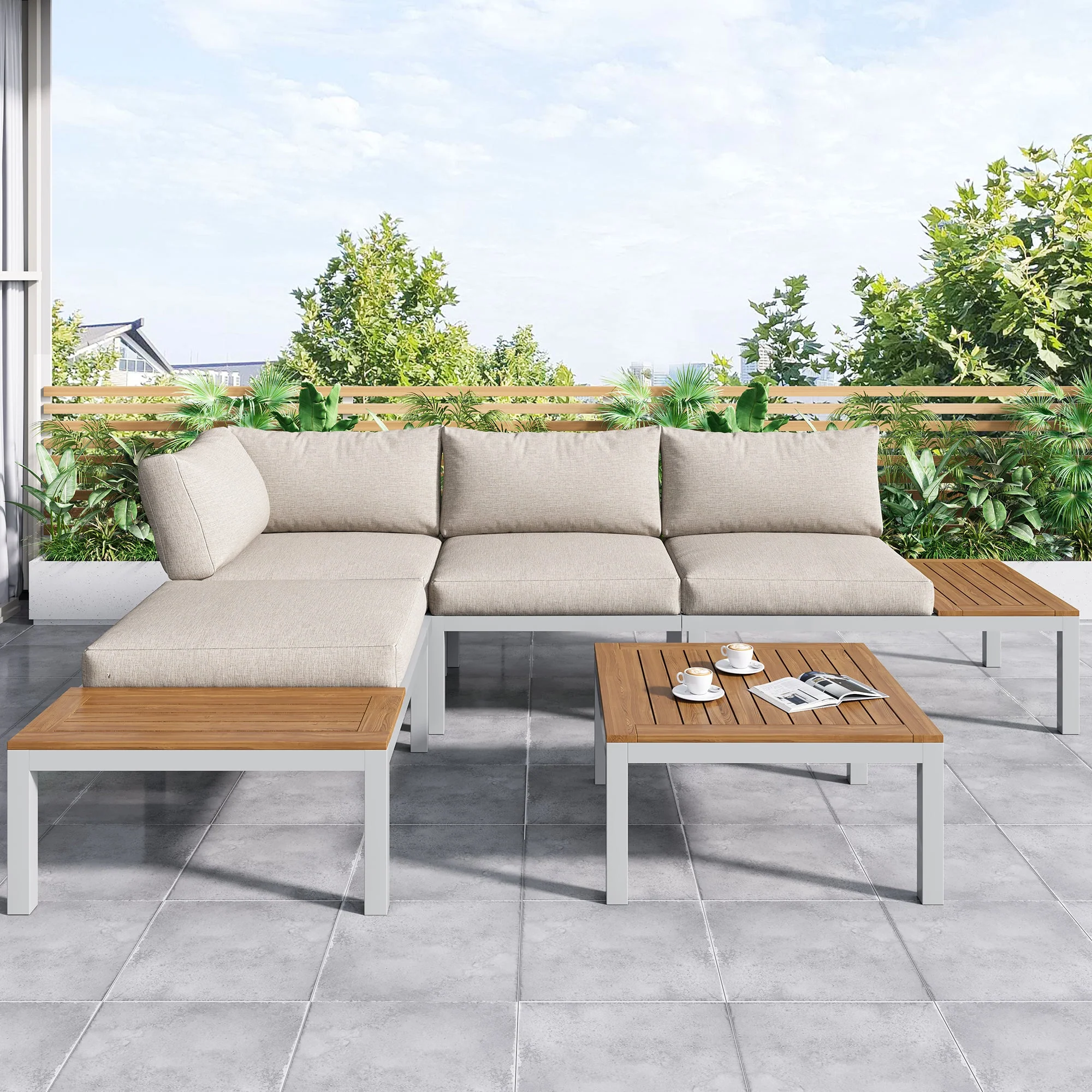 Garden Lounge Chair Set, Galvanized Steel Frame with Acacia Wood Top, Beige