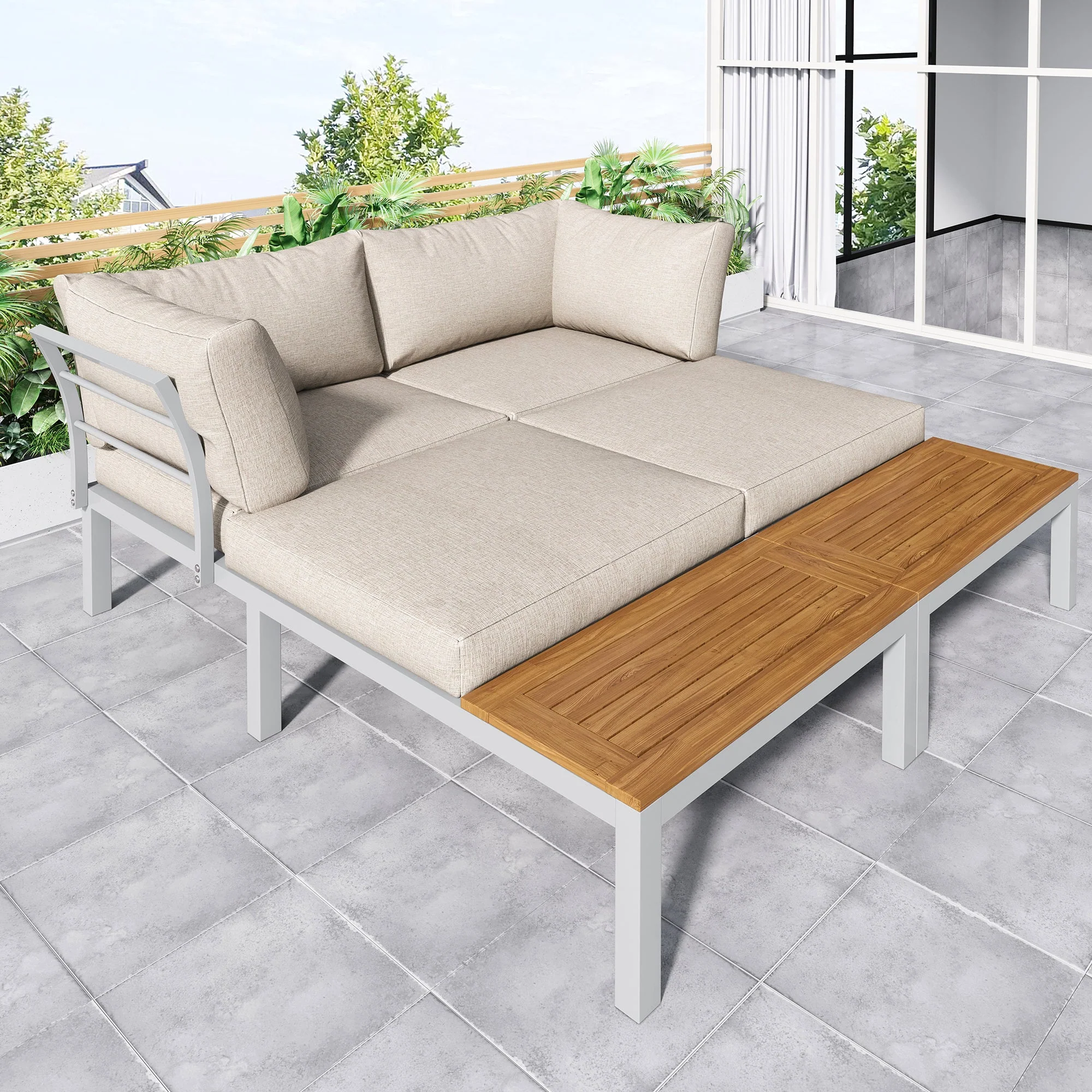 Garden Lounge Chair Set, Galvanized Steel Frame with Acacia Wood Top, Beige - Image 2
