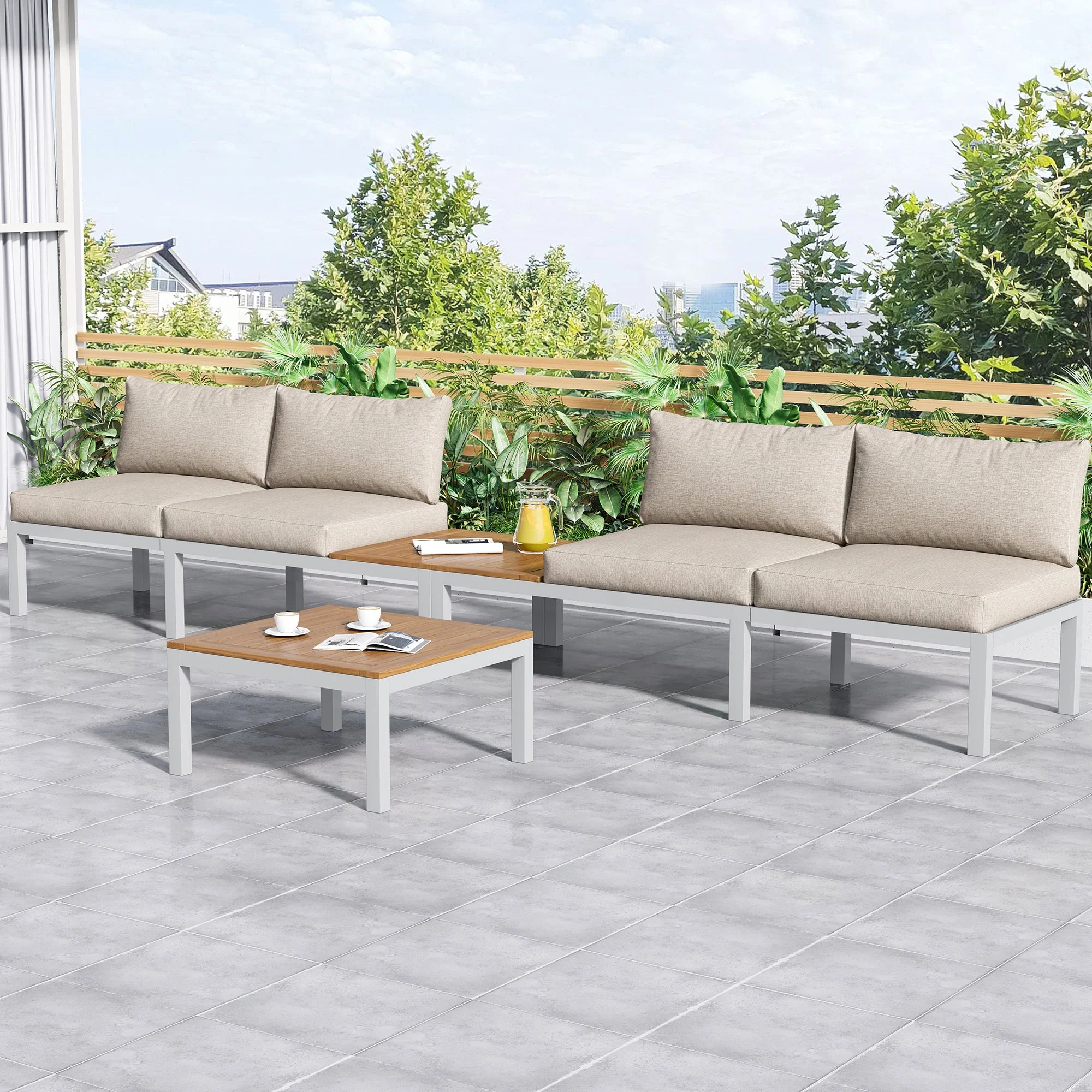 Garden Lounge Chair Set, Galvanized Steel Frame with Acacia Wood Top, Beige - Image 3