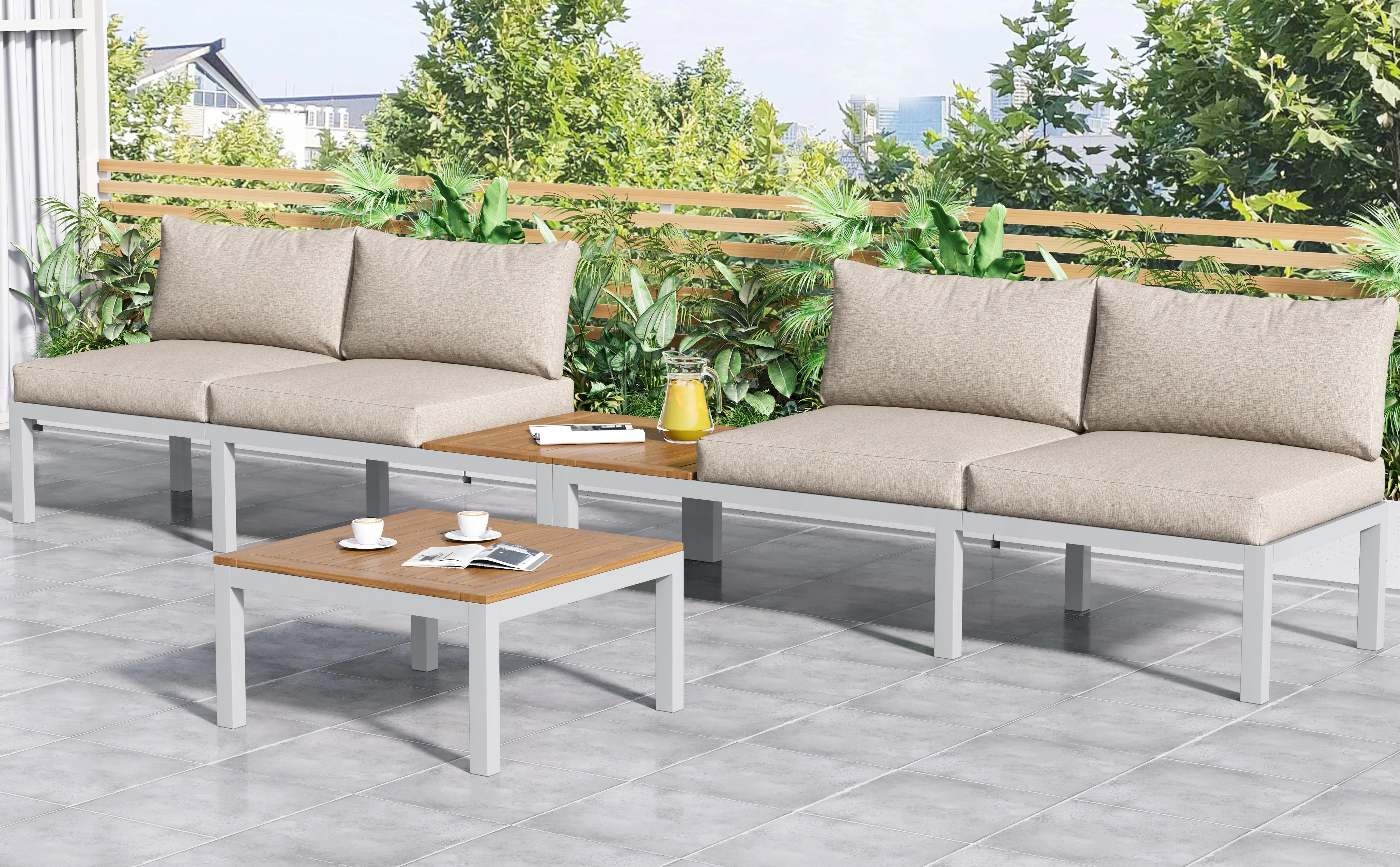 Garden Lounge Chair Set, Galvanized Steel Frame with Acacia Wood Top, Beige - Image 6