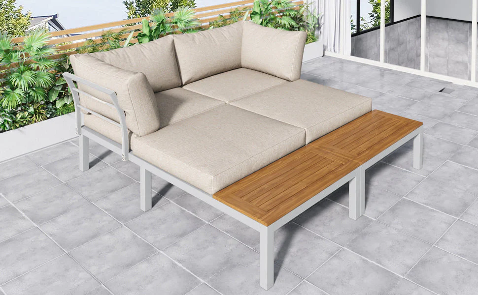 Garden Lounge Chair Set, Galvanized Steel Frame with Acacia Wood Top, Beige - Image 8