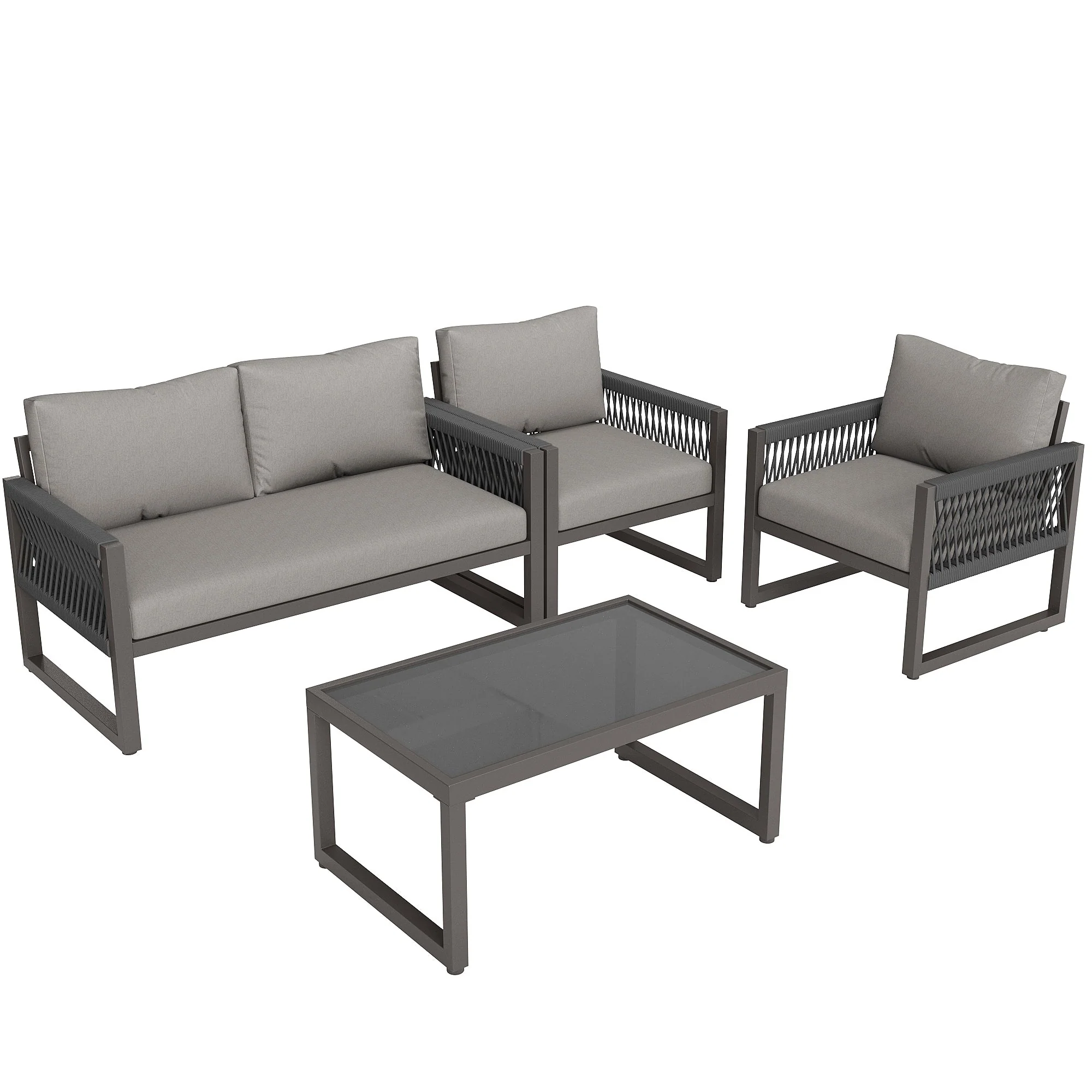 Garden Lounge Set 4-Piece Rope Glass Top - Grey - Image 9