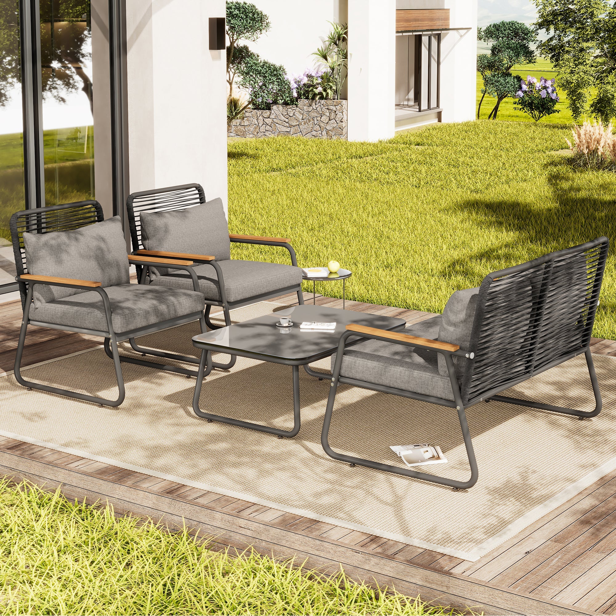 Garden Lounge Set 4-Seater Galvanized Iron Frame Tempered Glass - Grey - Image 4