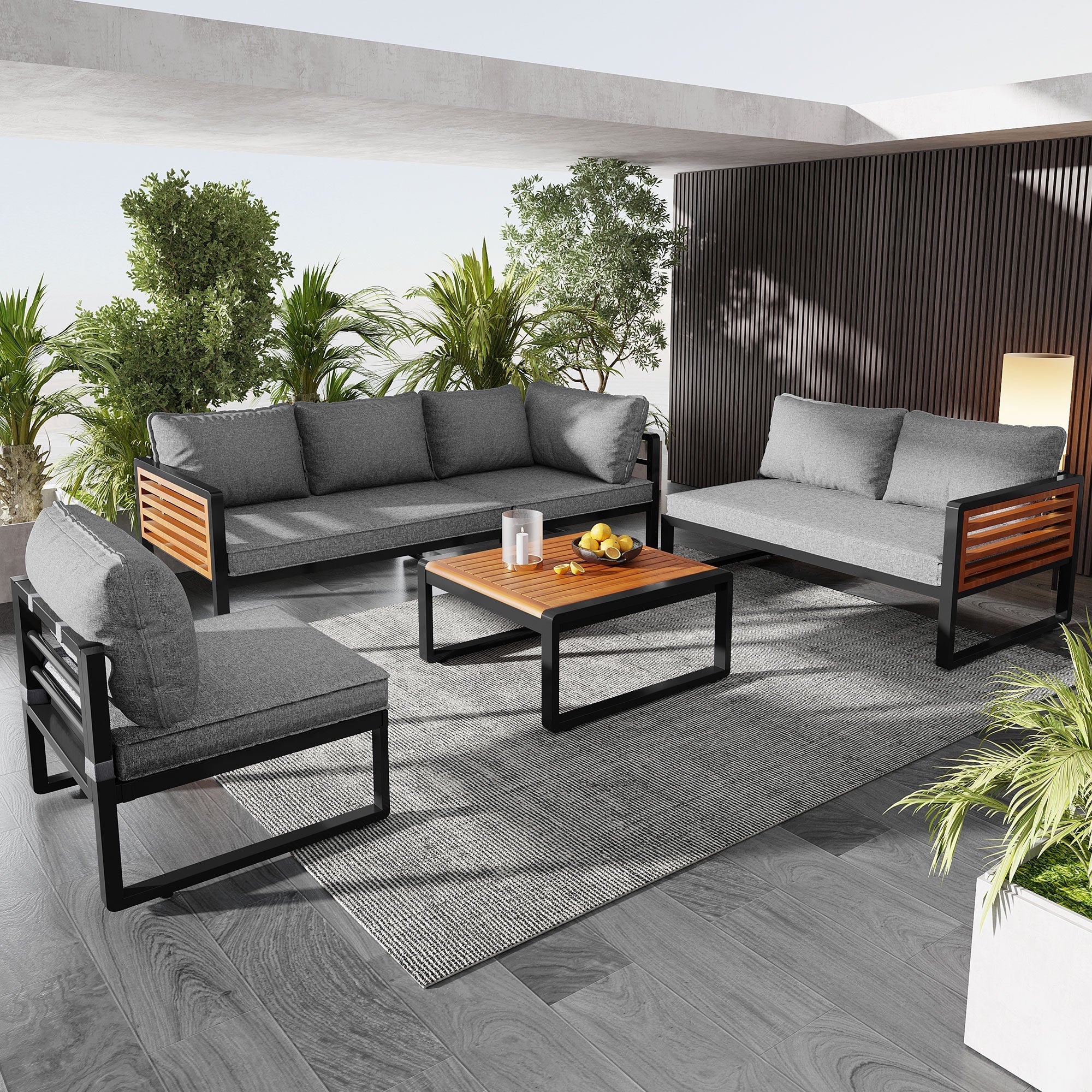 Garden Lounge Set 5-6 Seater Galvanized Iron Frame Wood Armrests - Image 2