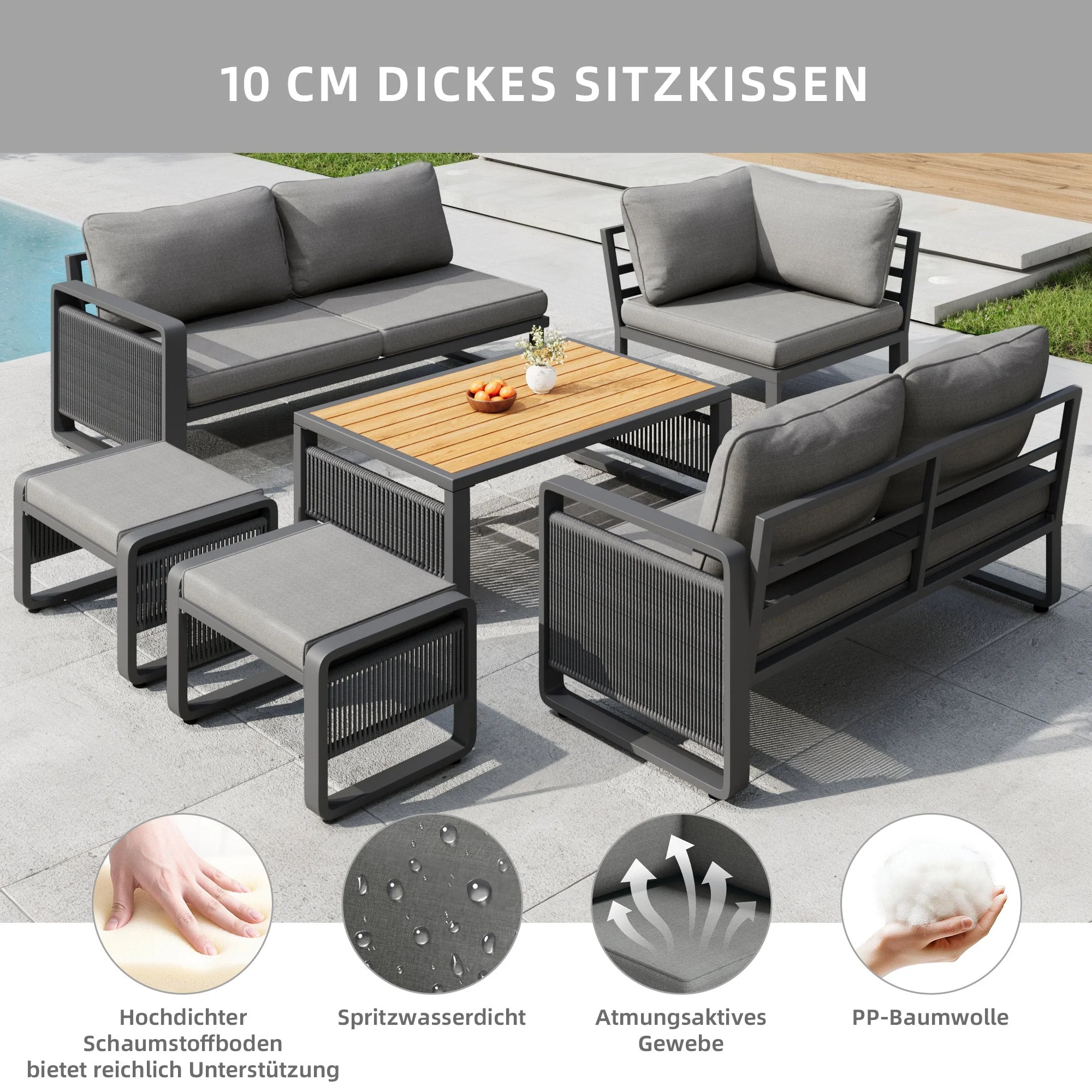 Garden Lounge Set, 6-7 Person Weatherproof Corner Sofa with Hand-Woven Rope and Cushions, Grey Iron - Image 9
