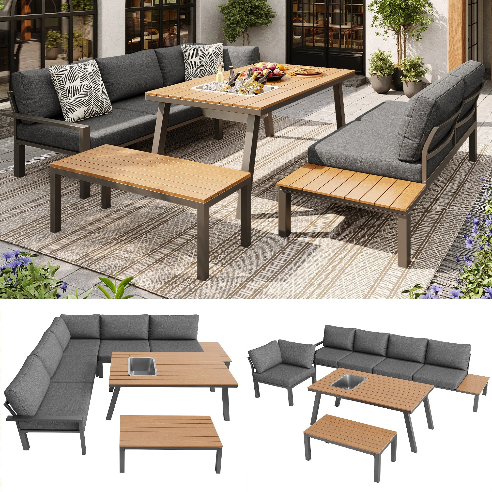 Garden Lounge Set 6-7 Seater Dining Table Ice Bucket - Galvanized Iron Frame - Image 6