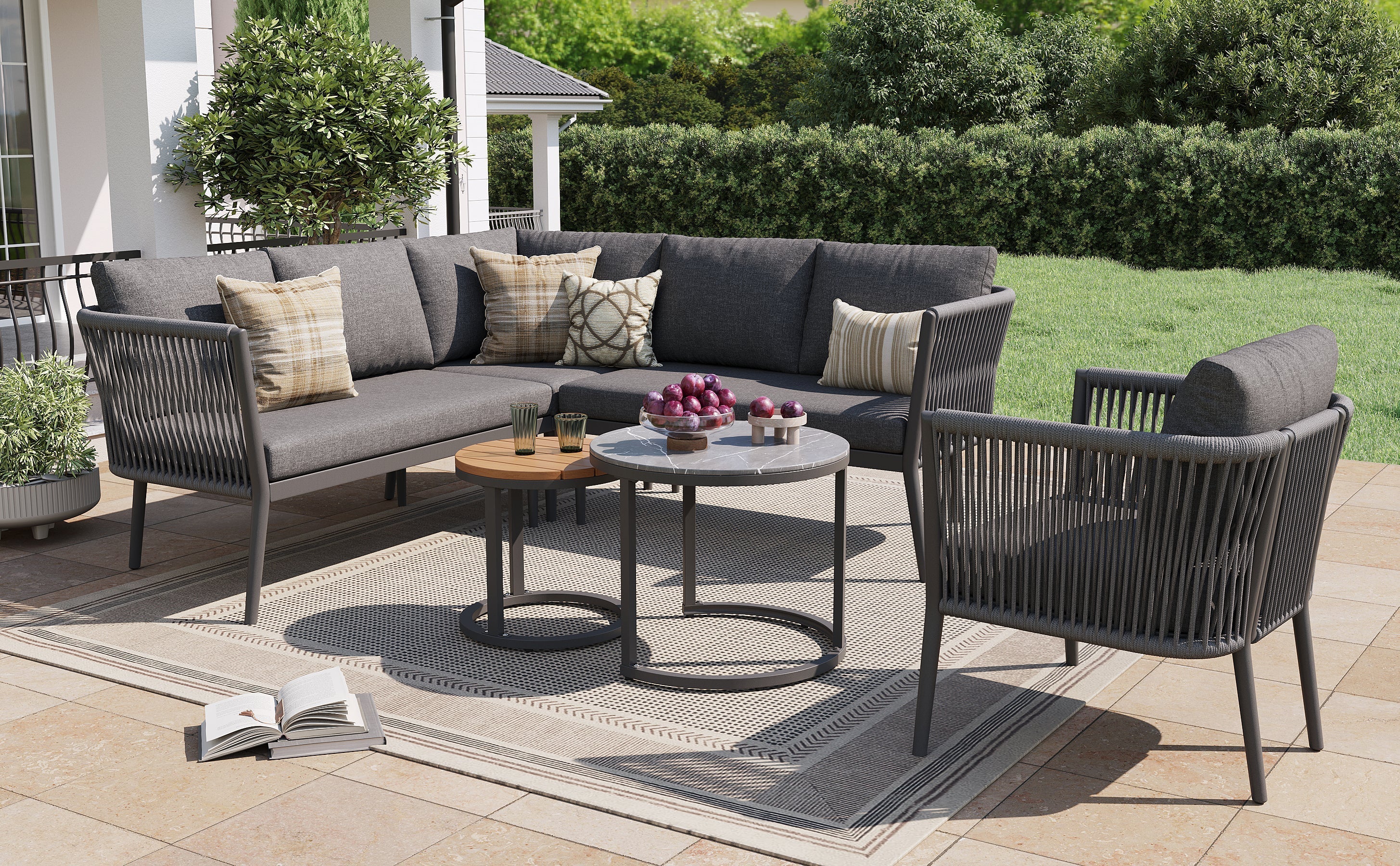 Garden Lounge Set for 5-6 People, 6-Piece Modular Corner Outdoor Sofa with Cushions, PE Rattan Grey - Image 4