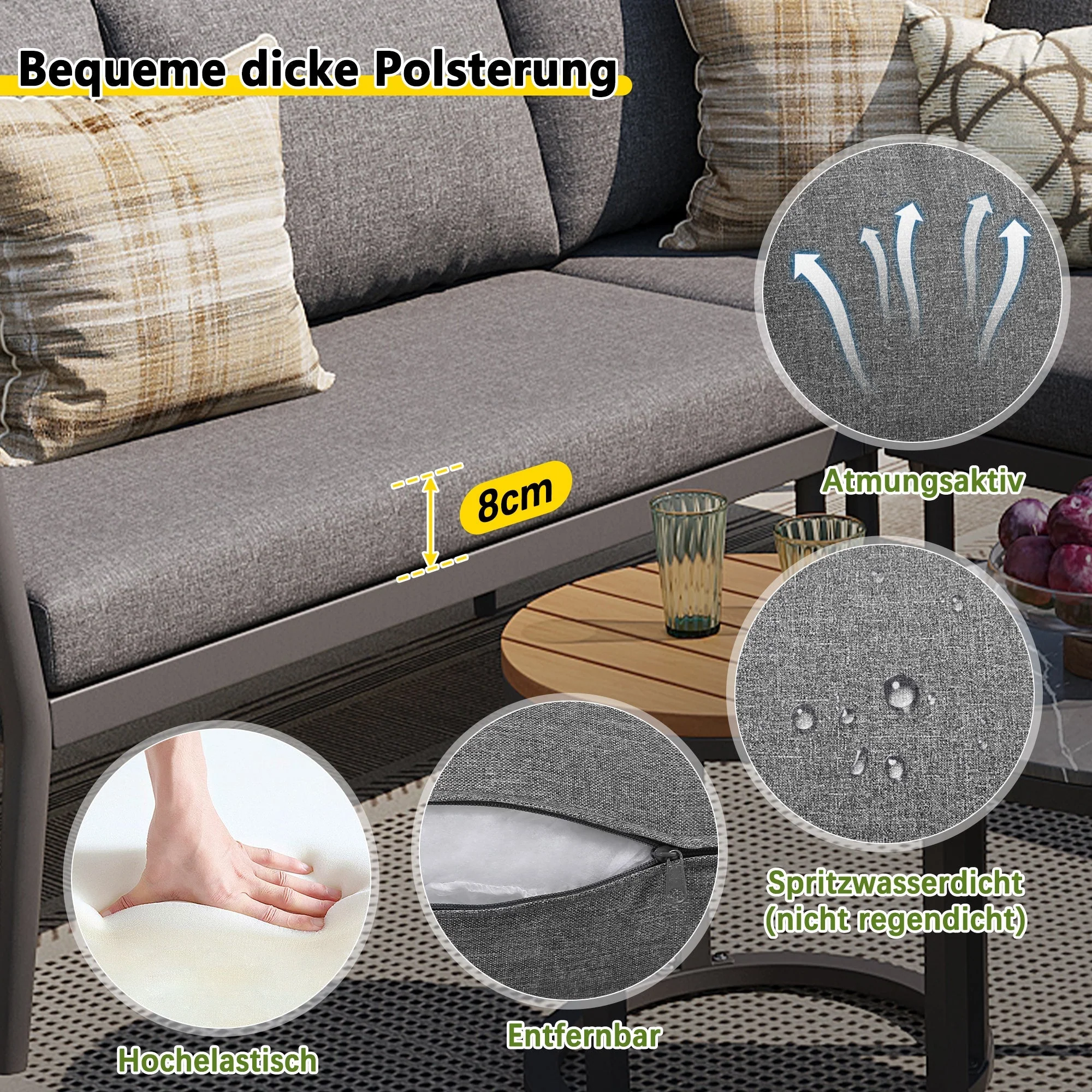 Garden Lounge Set for 5-6 People, 6-Piece Modular Corner Outdoor Sofa with Cushions, PE Rattan Grey - Image 9