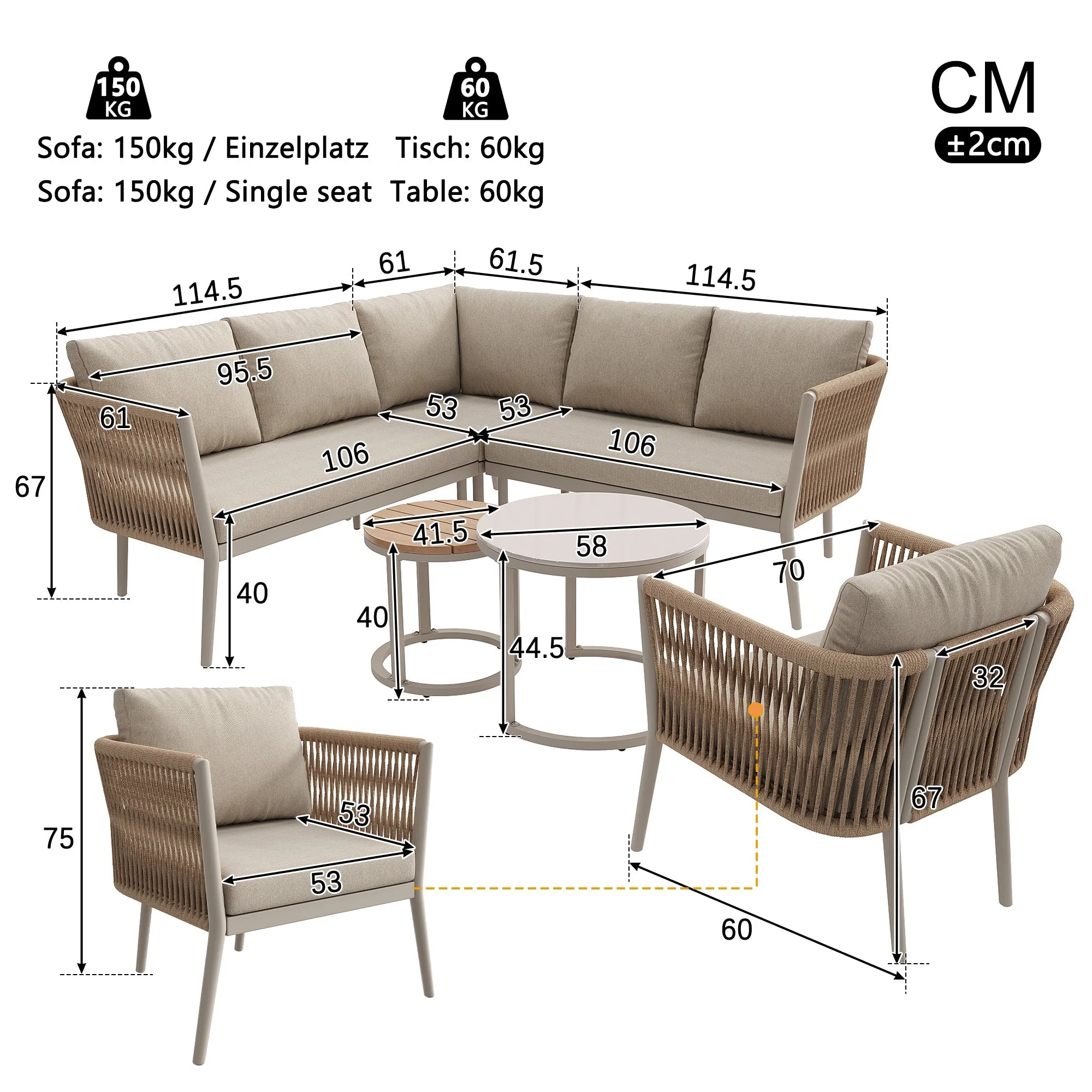 Garden Lounge Set for 5-6 People, 6-Piece Modular Corner Outdoor Sofa with Waterproof Cushions, PE Rattan Beige - Image 10
