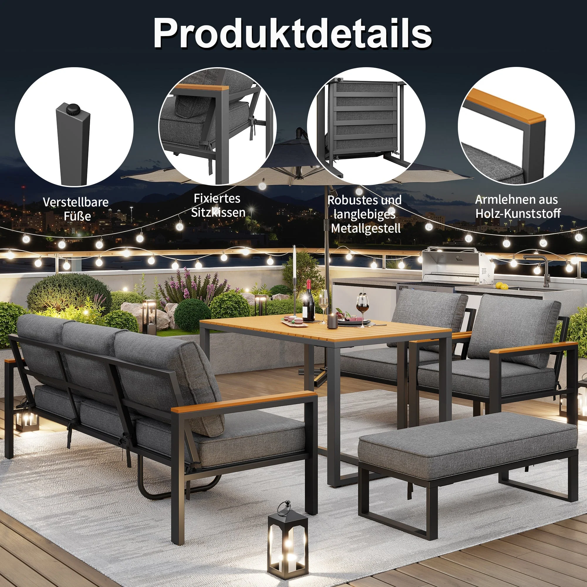 Garden Lounge Set for 6-7 People, Weatherproof Seating Group, Galvanized Iron Frame - Image 7
