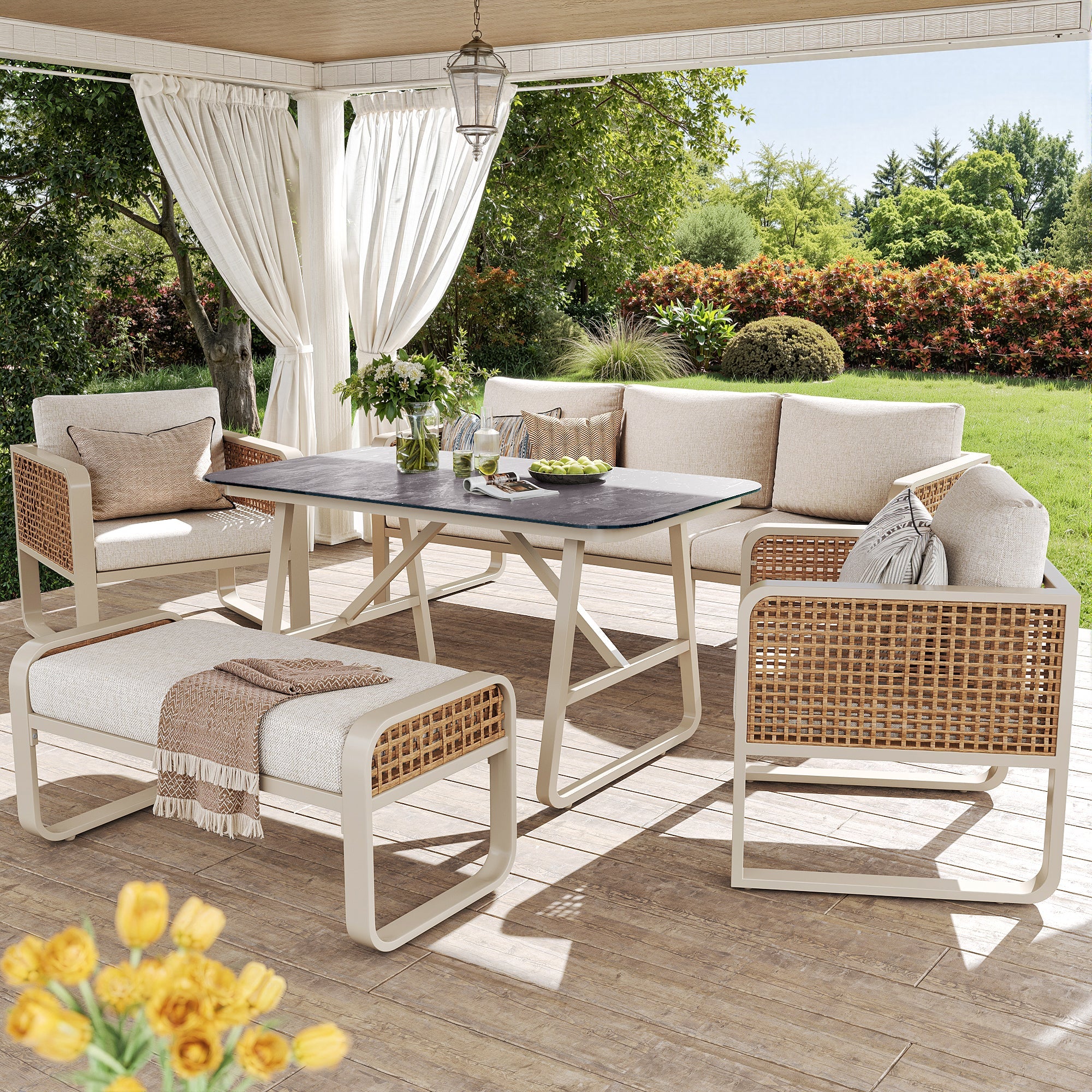 Garden Lounge Set for 6-7 People with Side Table and Washable Cushions, PE Rattan, Beige - Image 2