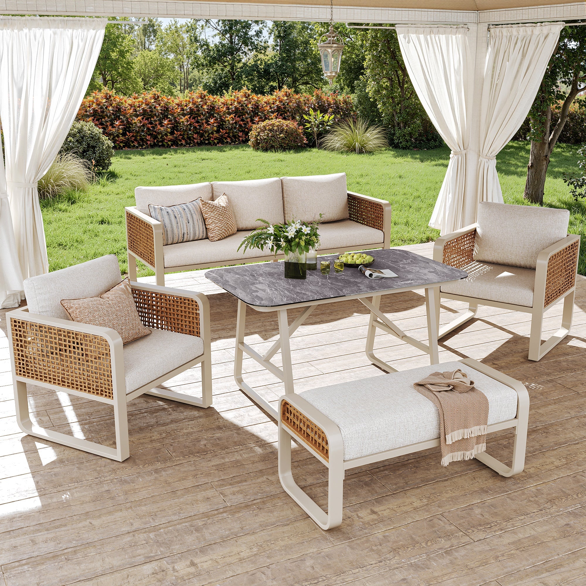 Garden Lounge Set for 6-7 People with Side Table and Washable Cushions, PE Rattan, Beige - Image 4