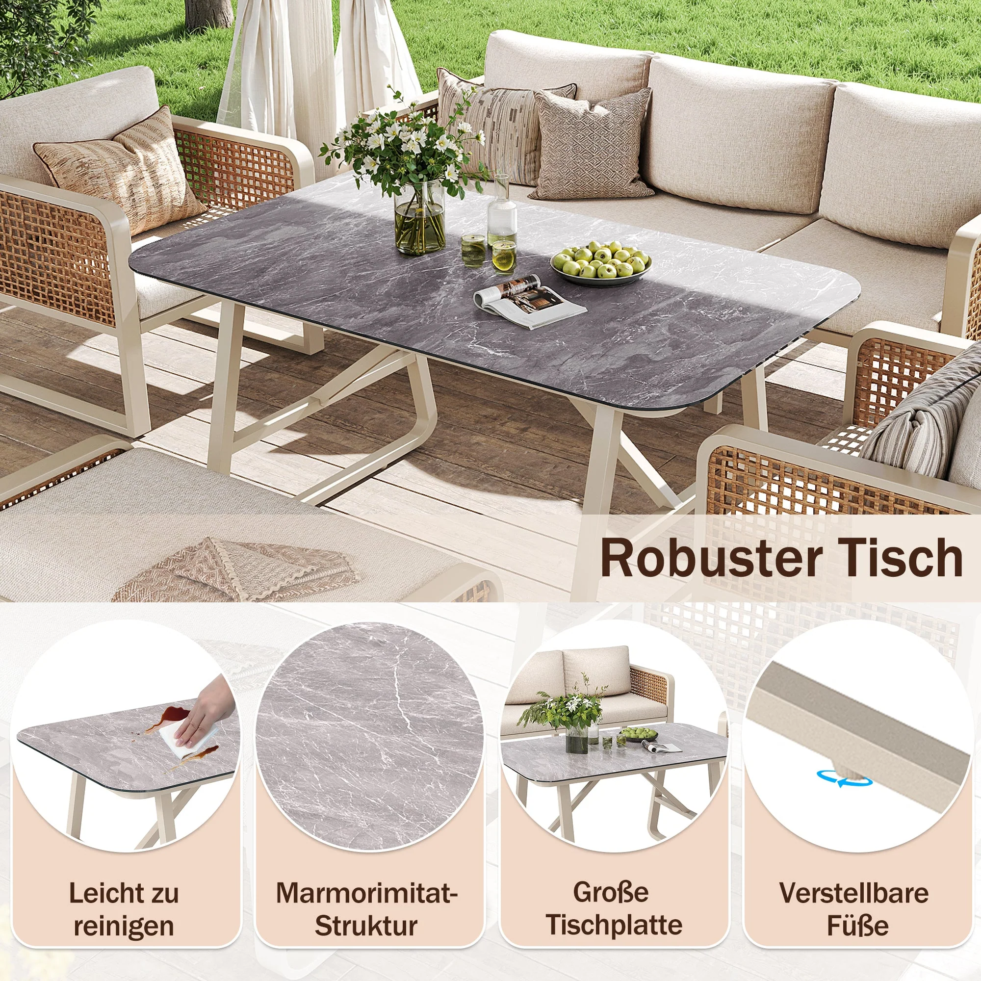 Garden Lounge Set for 6-7 People with Side Table and Washable Cushions, PE Rattan, Beige - Image 9
