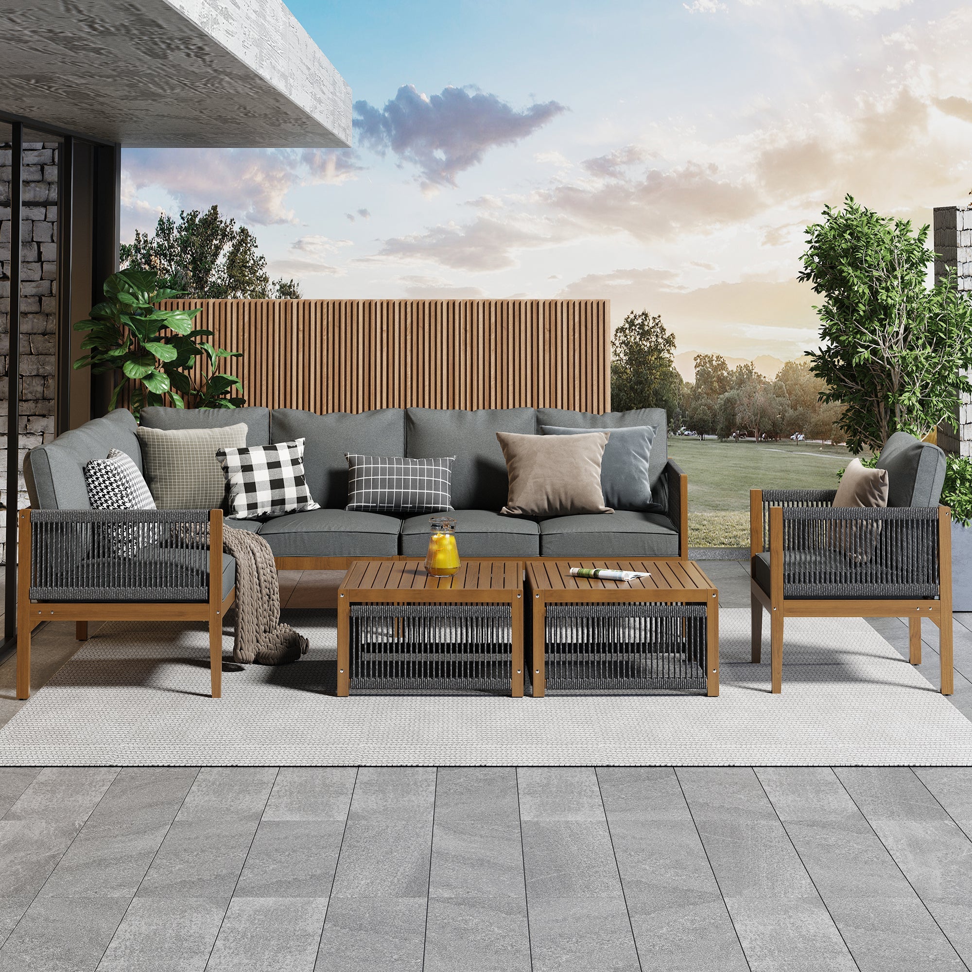 Garden Lounge Set for 7-8 People with Sofa, Table and Washable Cushions, Natural and Grey - Image 5
