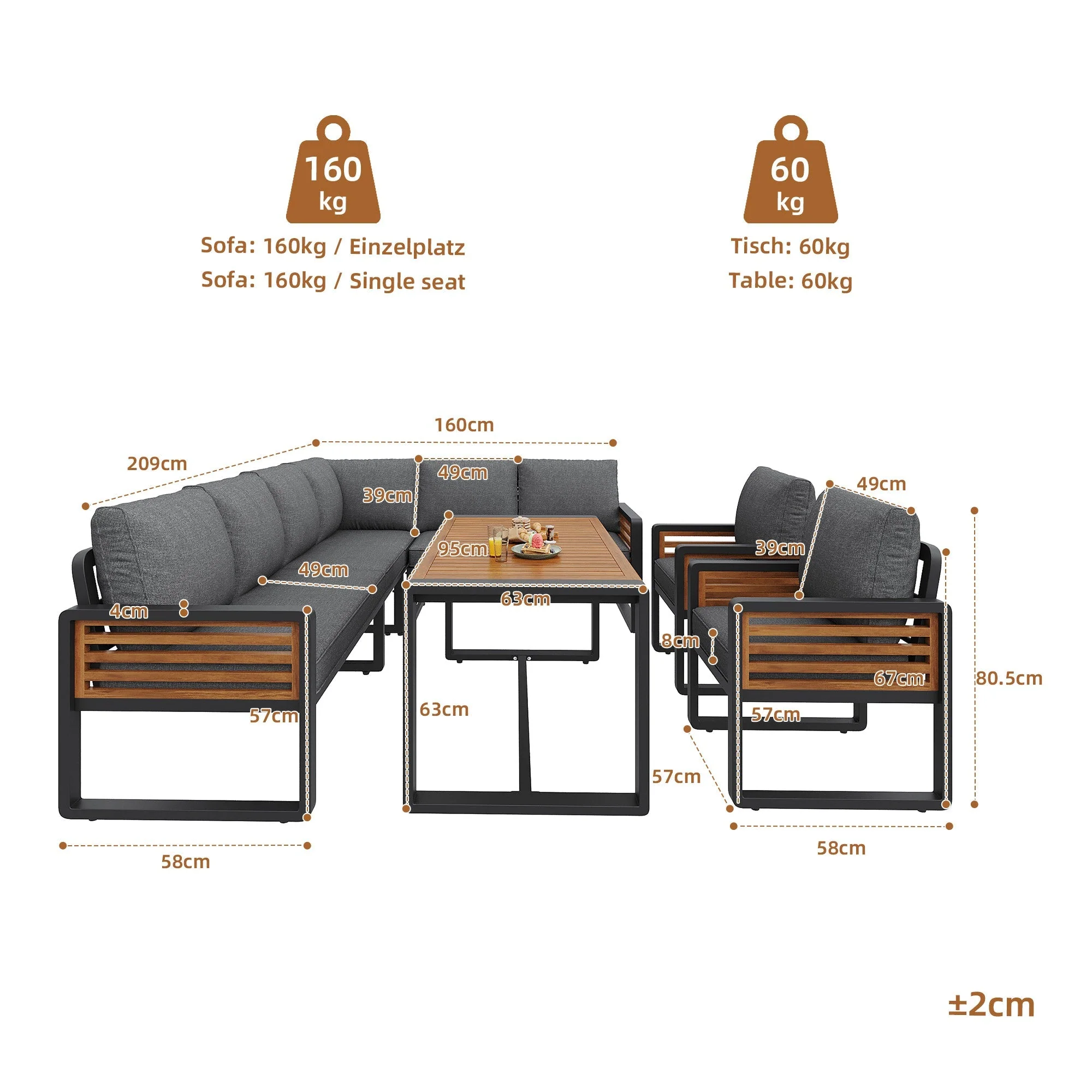 Garden Lounge Set for 8 People with Solid Wood Dining Table and Cushions, Grey - Image 6