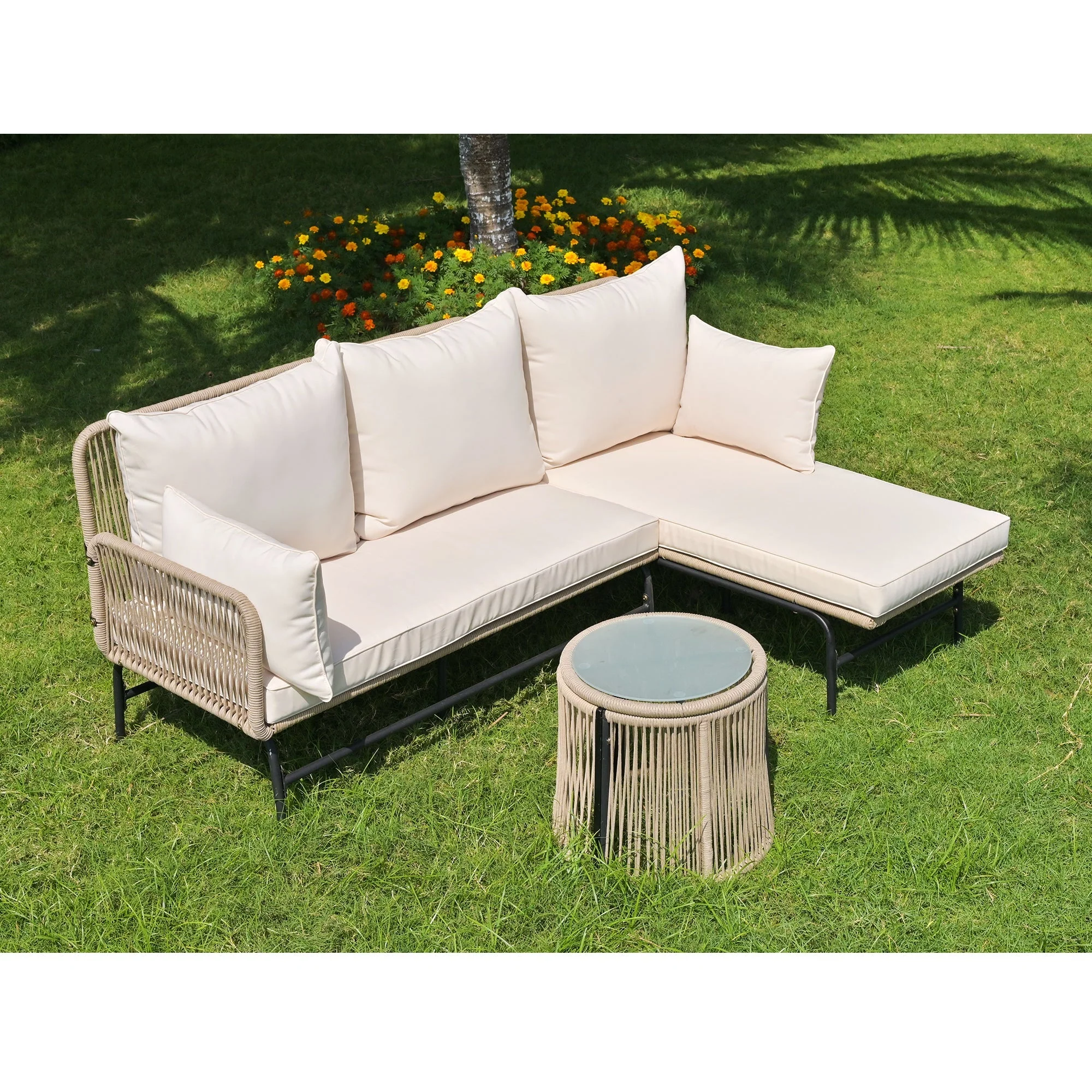 Garden Lounge Set L-Shaped Conversation Set with Table Iron Frame Beige Rope - Image 9