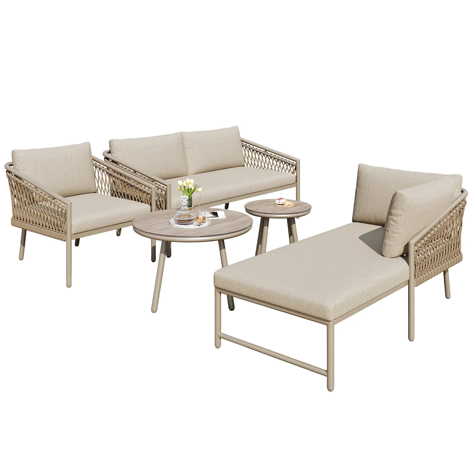 Garden Lounge Set Rope Outdoor Sofa with Cushions - Khaki - Image 5