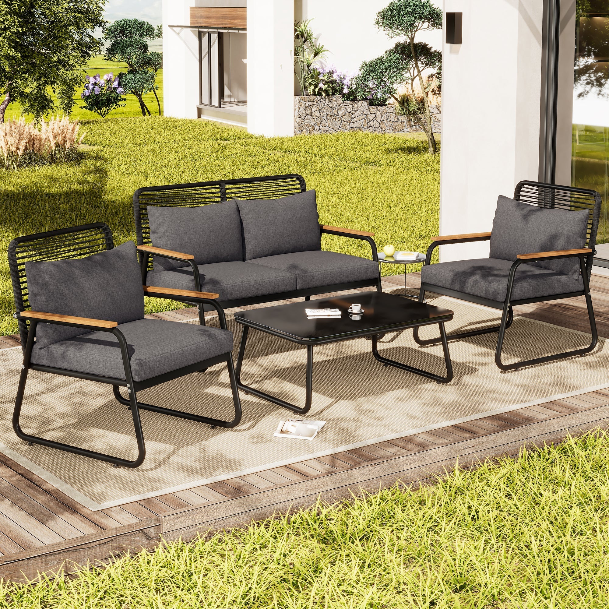 Garden Lounge Set Sofa & Table for 4 Galvanized Iron Tempered Glass - Black - Image 3