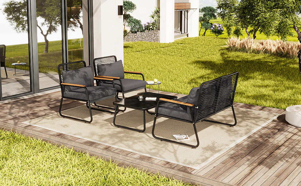Garden Lounge Set Sofa & Table for 4 Galvanized Iron Tempered Glass - Black - Image 7
