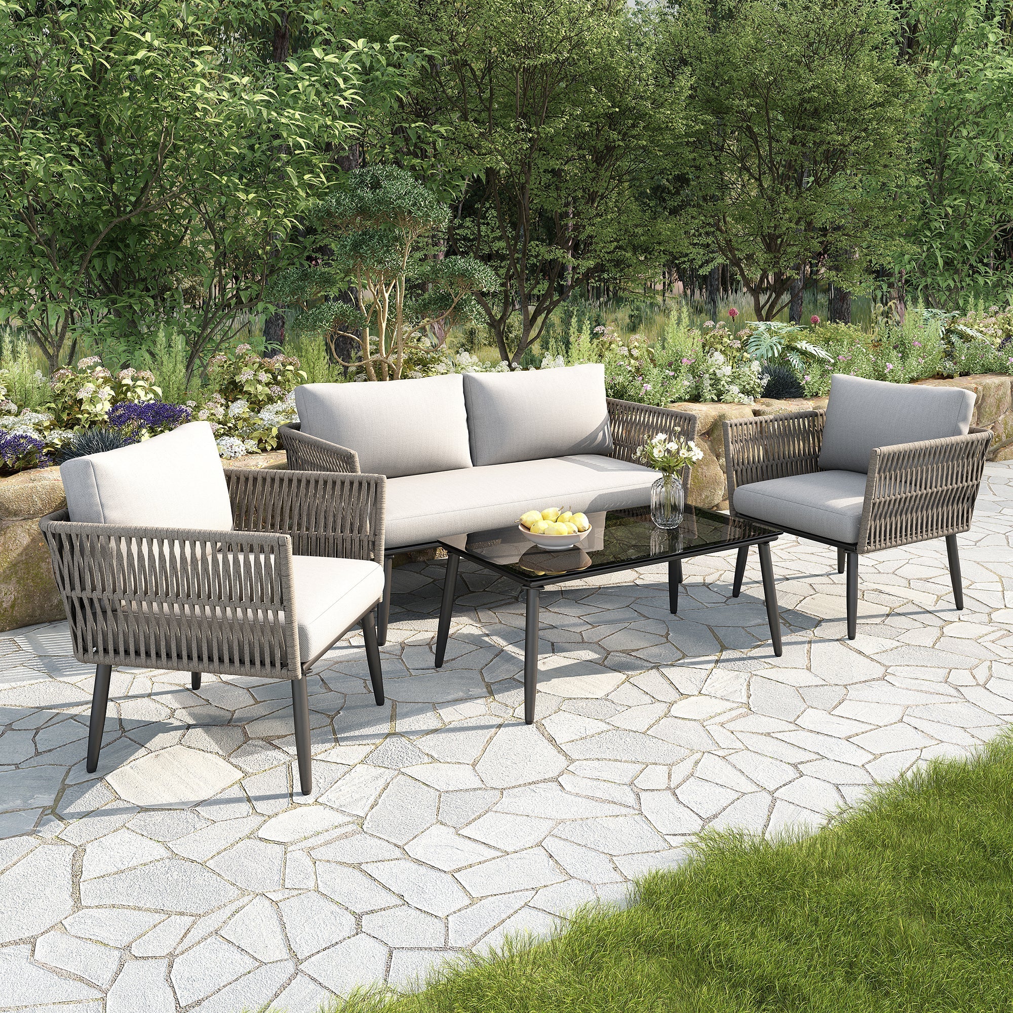 Garden Lounge Set with 2-Seater Sofa, 2 Armchairs and Coffee Table, Grey PE Rope and Steel - Image 2