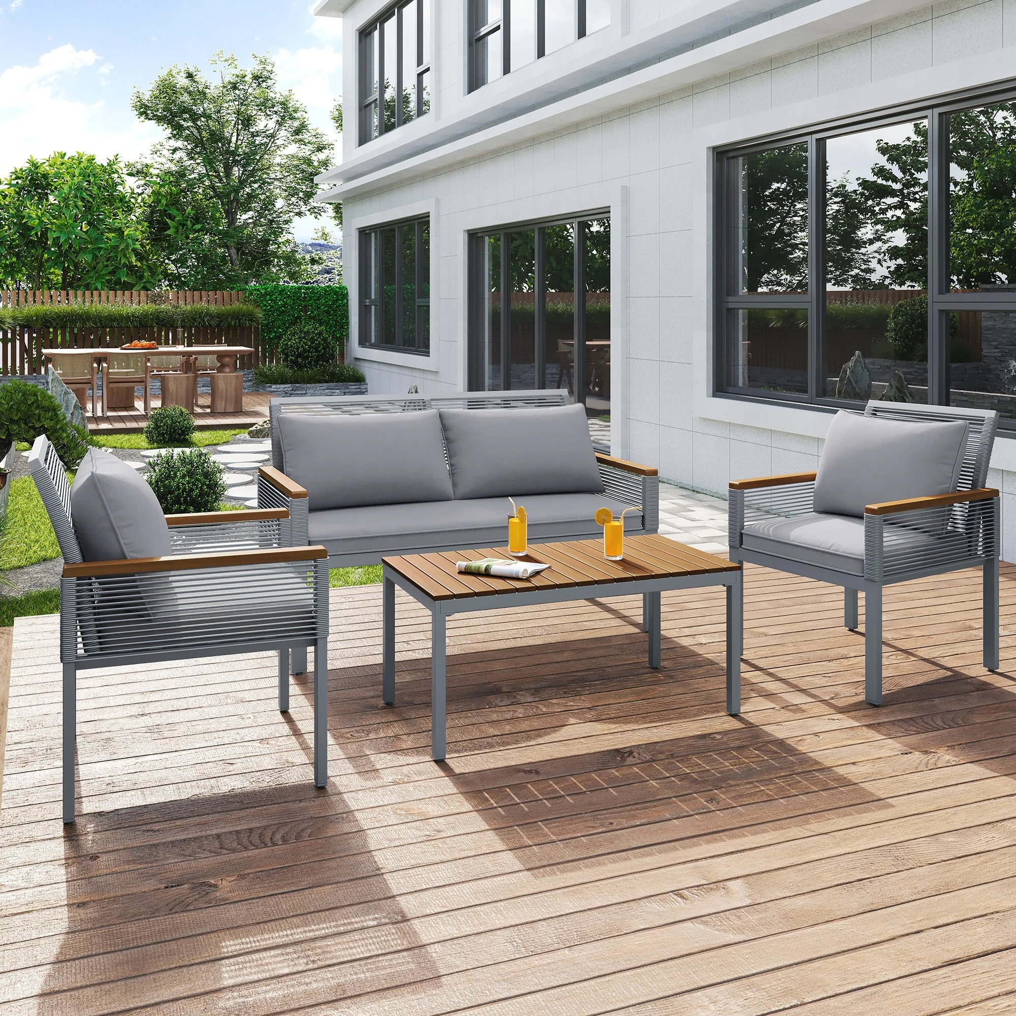 Garden Lounge Set with Comfortable Cushions, Double Sofa, 2 Armchairs and Table, Rattan, Grey - Image 2