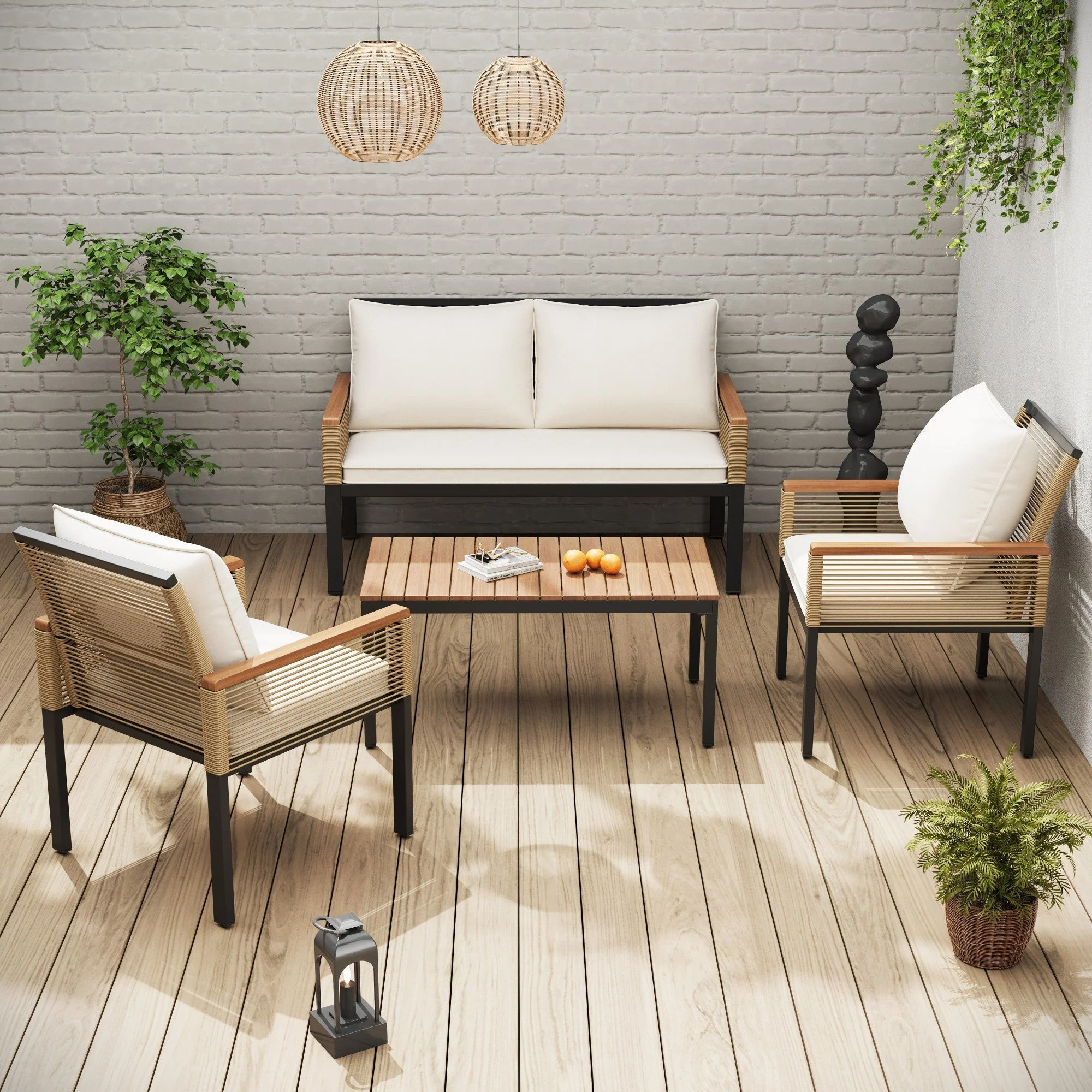 Garden Lounge Set with Double Sofa and 2 Armchairs, Rattan Beige - Image 2