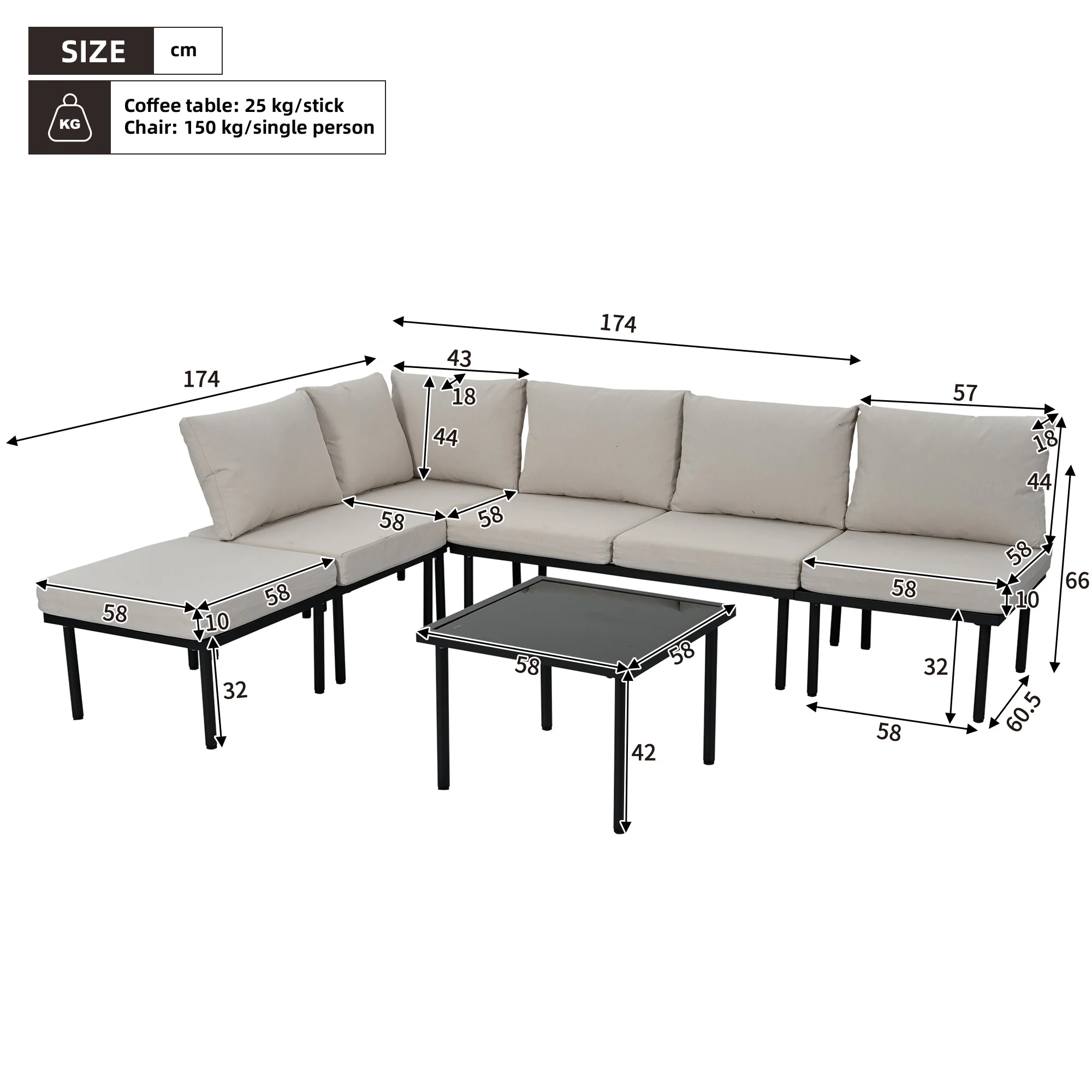 Garden Lounge Set with Galvanized Iron Frame, 6-Piece, Rope Furniture, Beige - Image 3