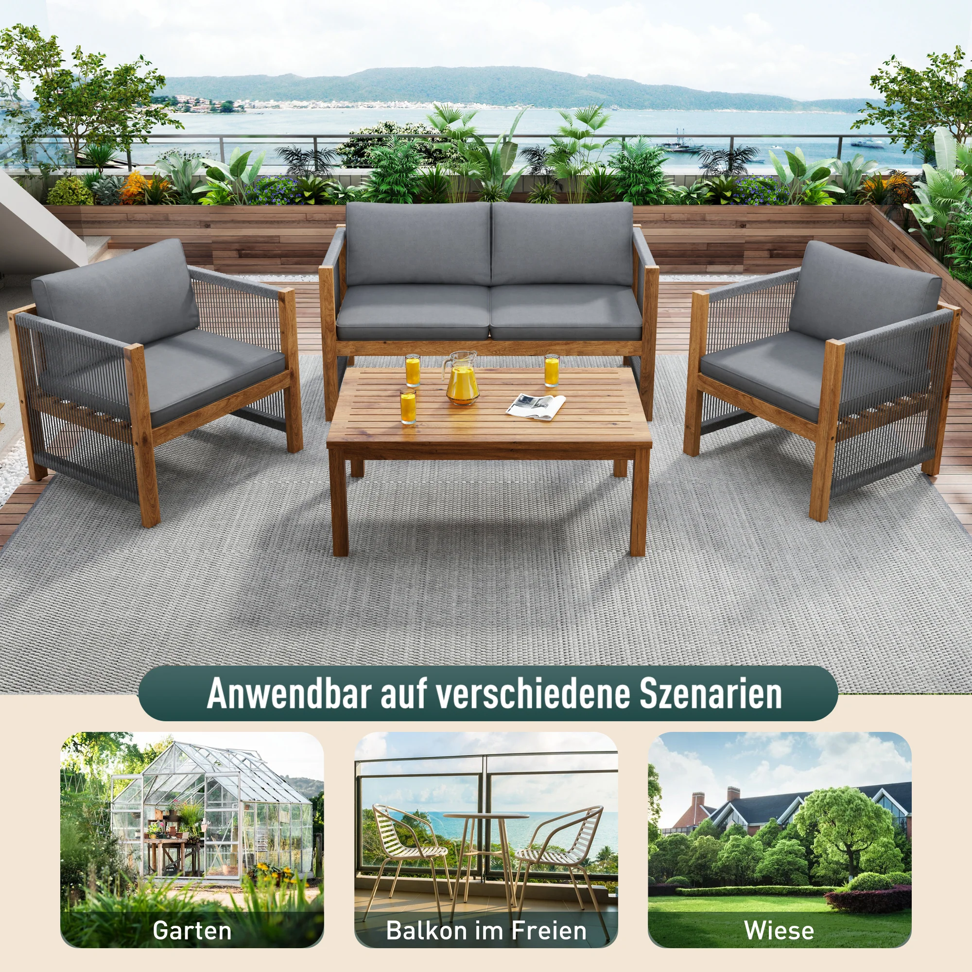 Garden Lounge Set with Sofa, 2 Armchairs and Table, Grey Rattan Look and Acacia Wood - Image 6