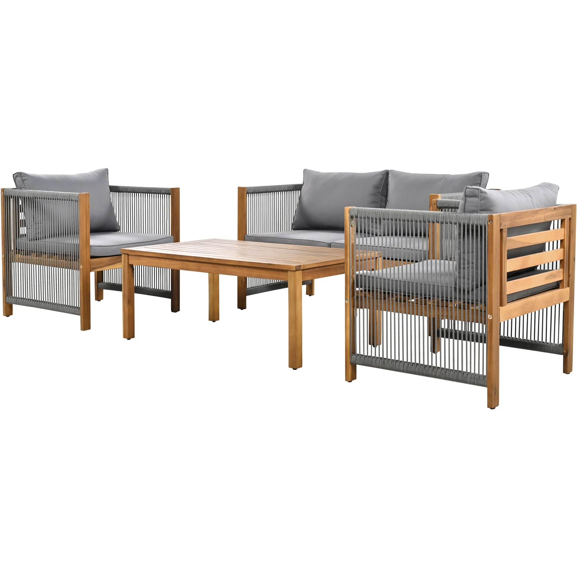 Garden Lounge Set with Sofa, 2 Armchairs and Table, Grey Rattan Look and Acacia Wood - Image 8