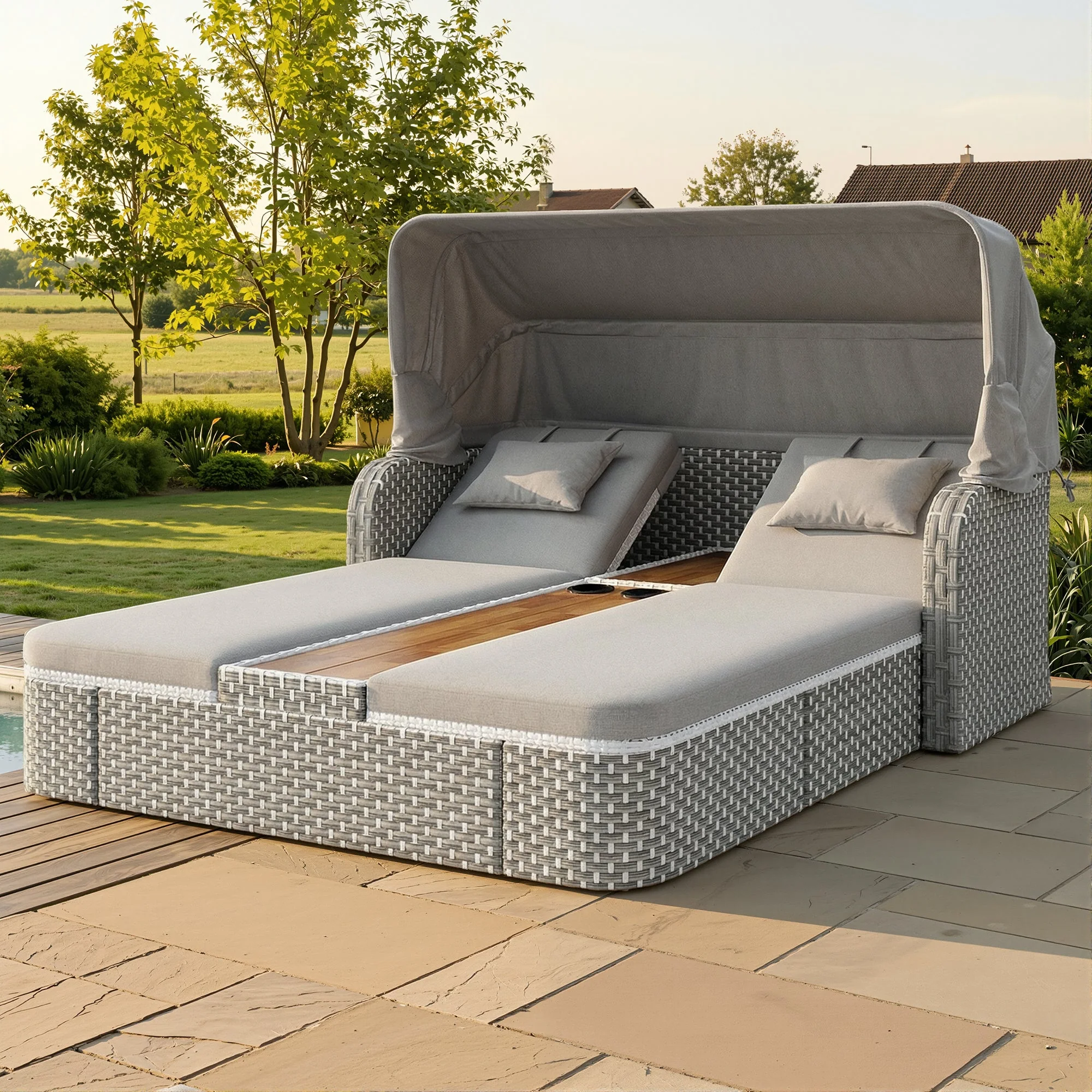 Garden Lounge Set with Sunshade and Gazebo, Polyrattan Seating Group with Sofa and Table, Beige and Grey - Image 3