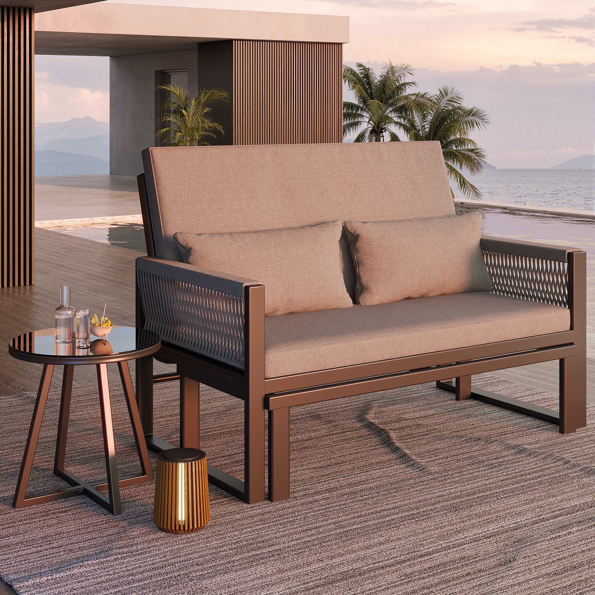 Garden Lounger with Woven Iron Armrests and Glass Coffee Table, Grey - Image 8