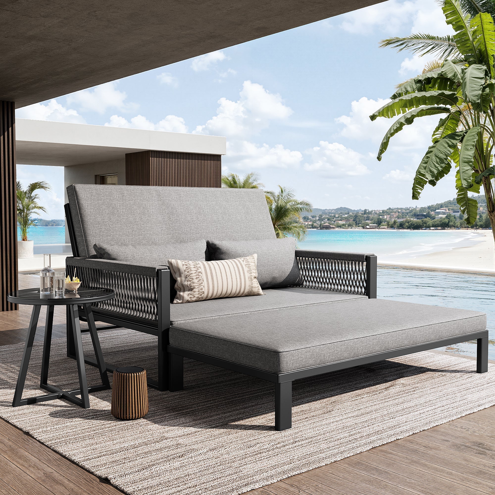 Garden Lounger with Woven Iron Armrests and Glass Coffee Table, Grey - Image 9