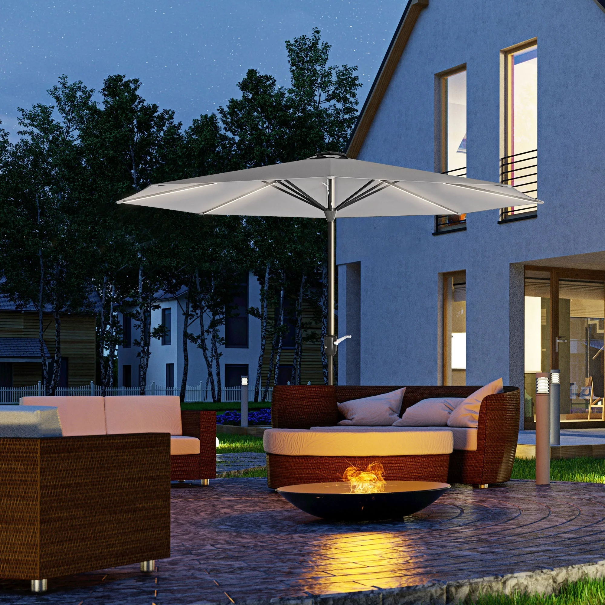 Garden Parasol Umbrella, 2.65m LED Lights, Light Grey