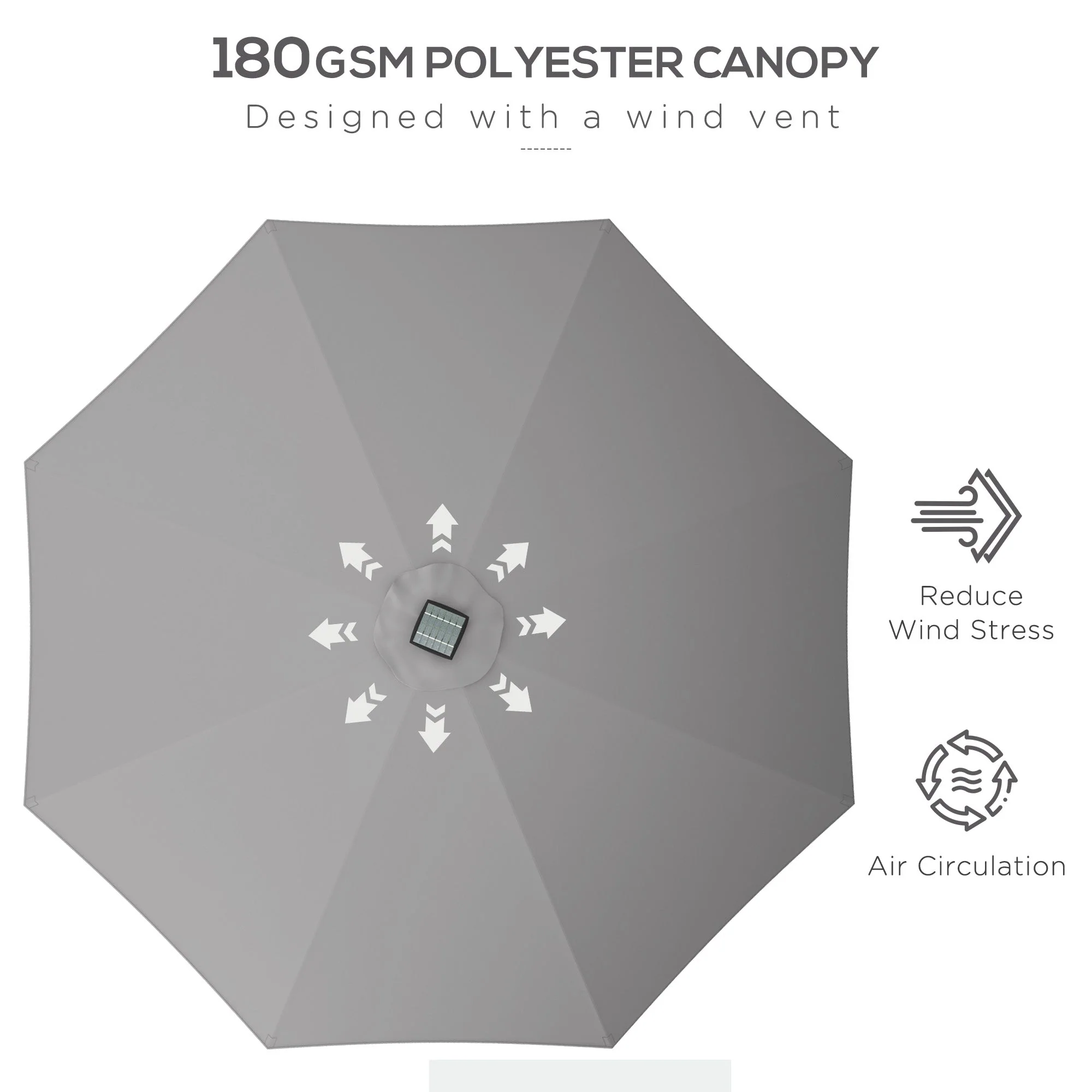 Garden Parasol Umbrella, 2.65m LED Lights, Light Grey - Image 6