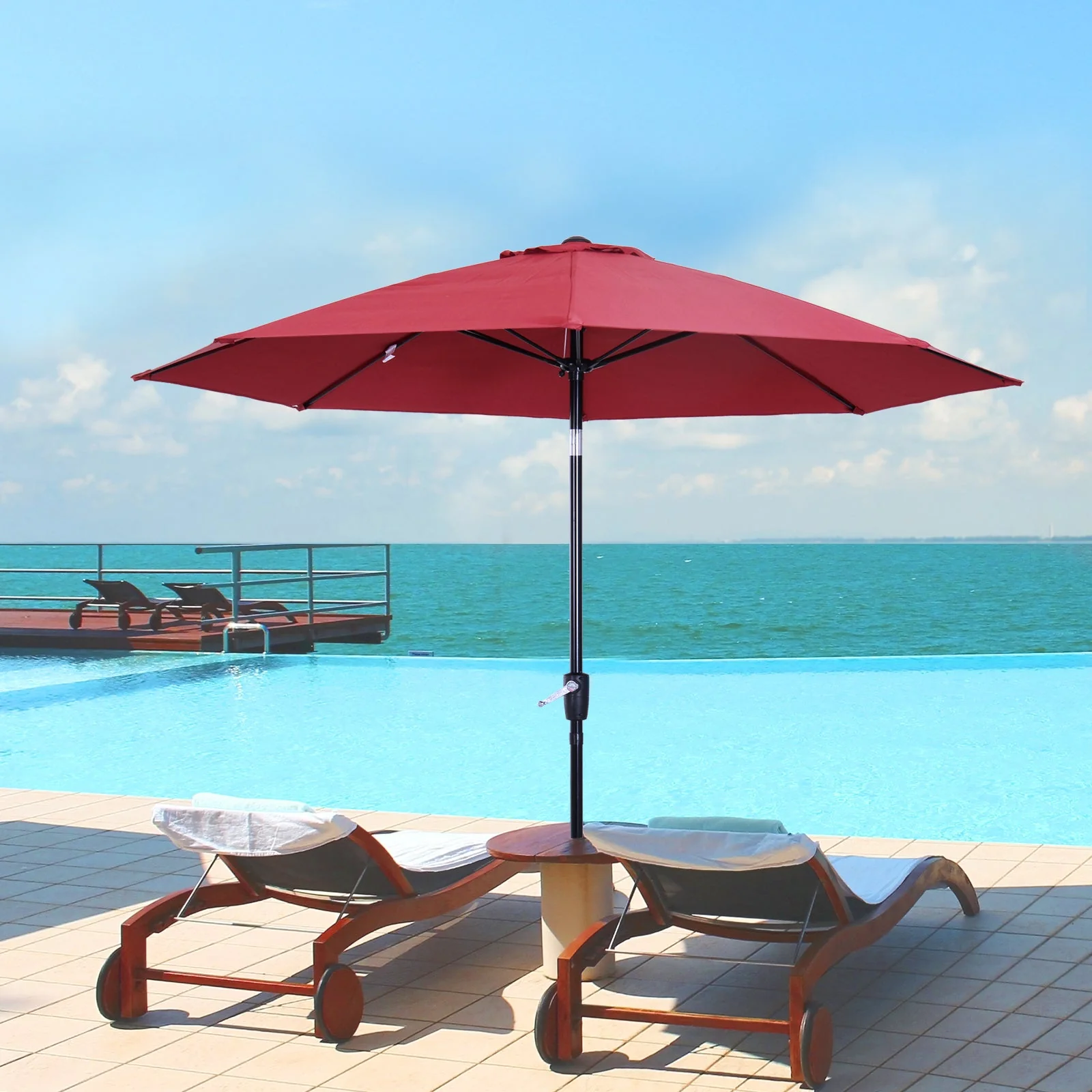 Garden Parasol Umbrella, 2.7M Tilting Aluminium Frame Sun Shade, Wine Red