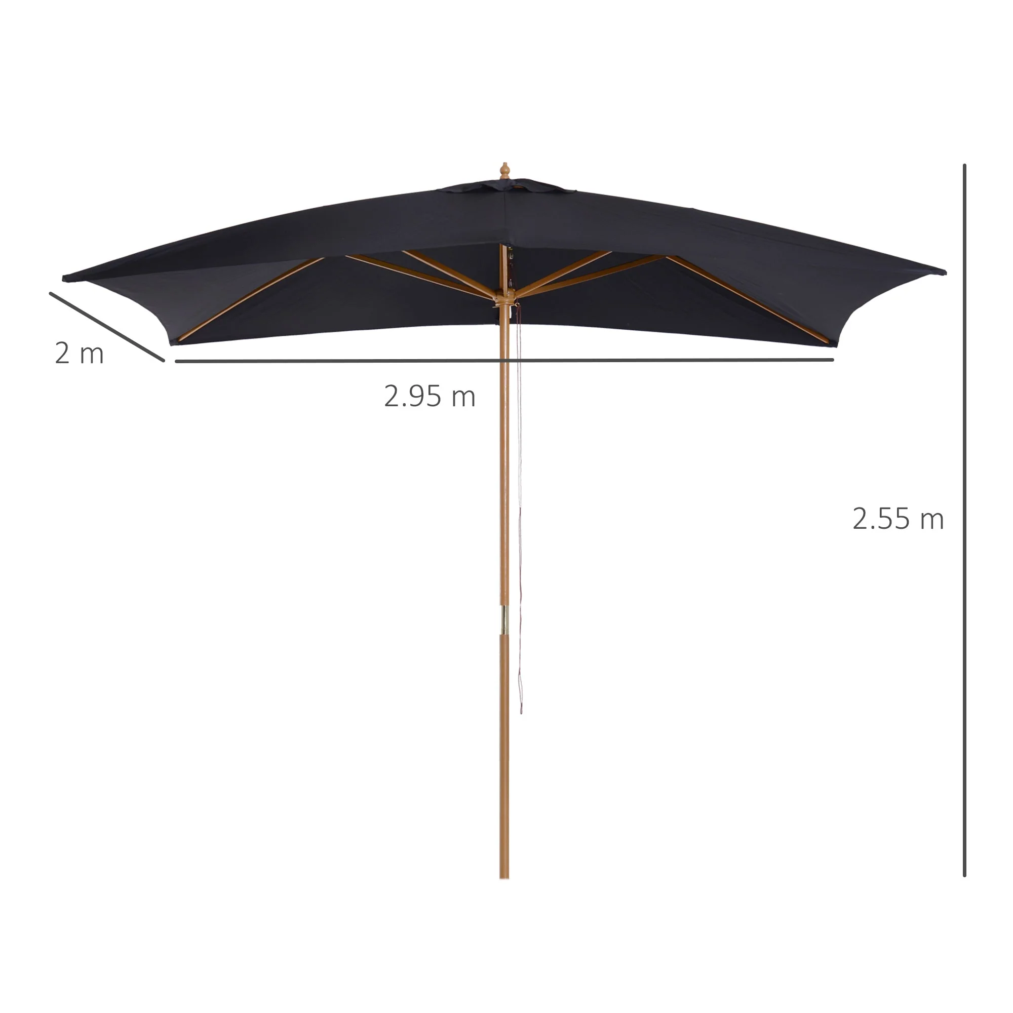 Garden Parasol Umbrella, 2 x 3m Outdoor Shade Canopy, Wooden, Black - Image 3