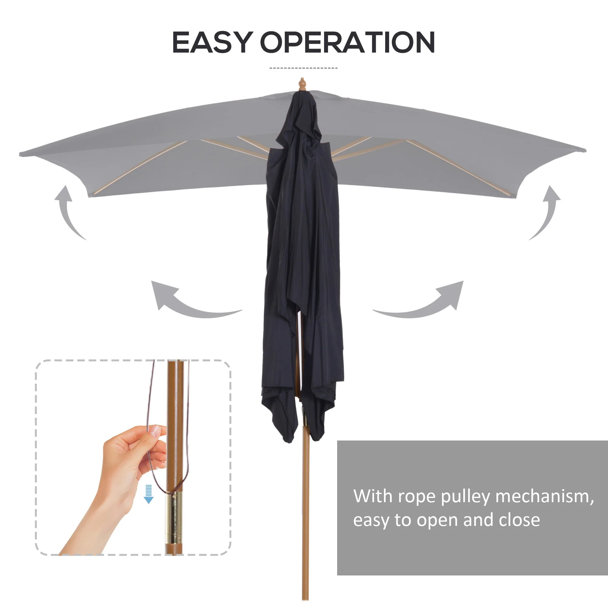 Garden Parasol Umbrella, 2 x 3m Outdoor Shade Canopy, Wooden, Black - Image 4
