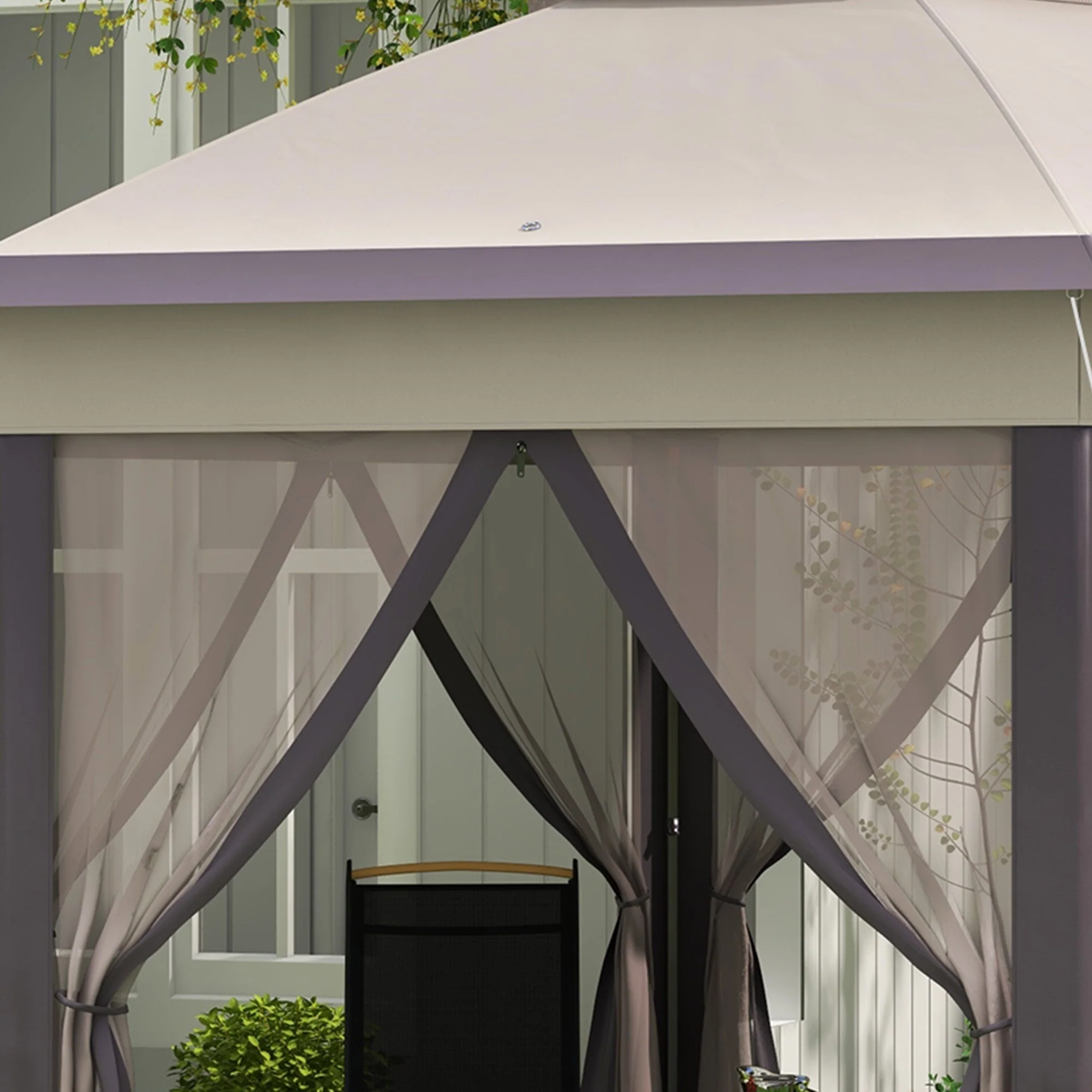 Garden Pavilion Folding Pop-Up Tent 4x4m 6 Side Panels Double Hexagonal Roof, Coffee/Beige - Image 8