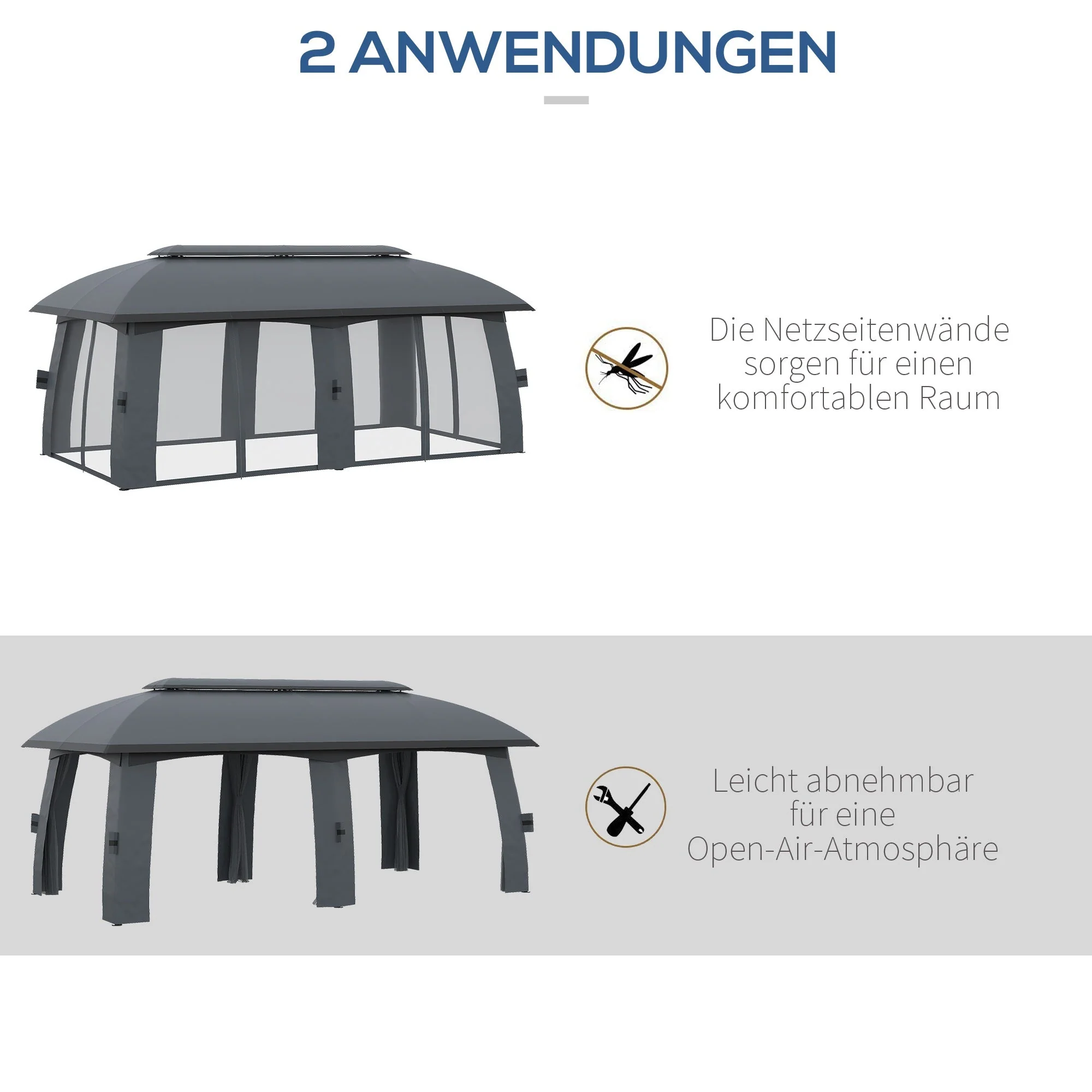Garden Pavilion Party Tent Double Roof and Sidewalls Fly Nets Galvanized Metal Dark Grey - Image 5