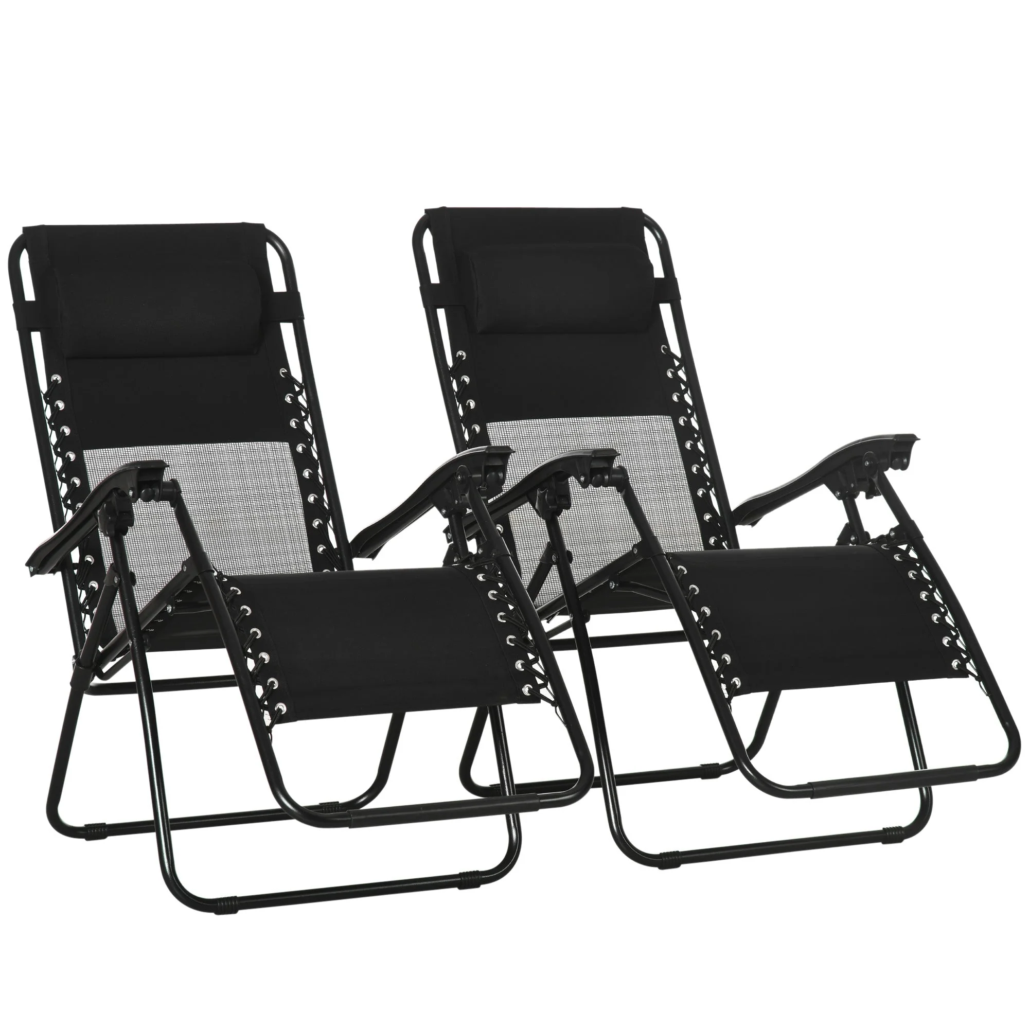 Garden Recliner Chairs Set of 2, Outdoor Foldable Zero Gravity w/ Footstool and Headrest, Black - Image 2