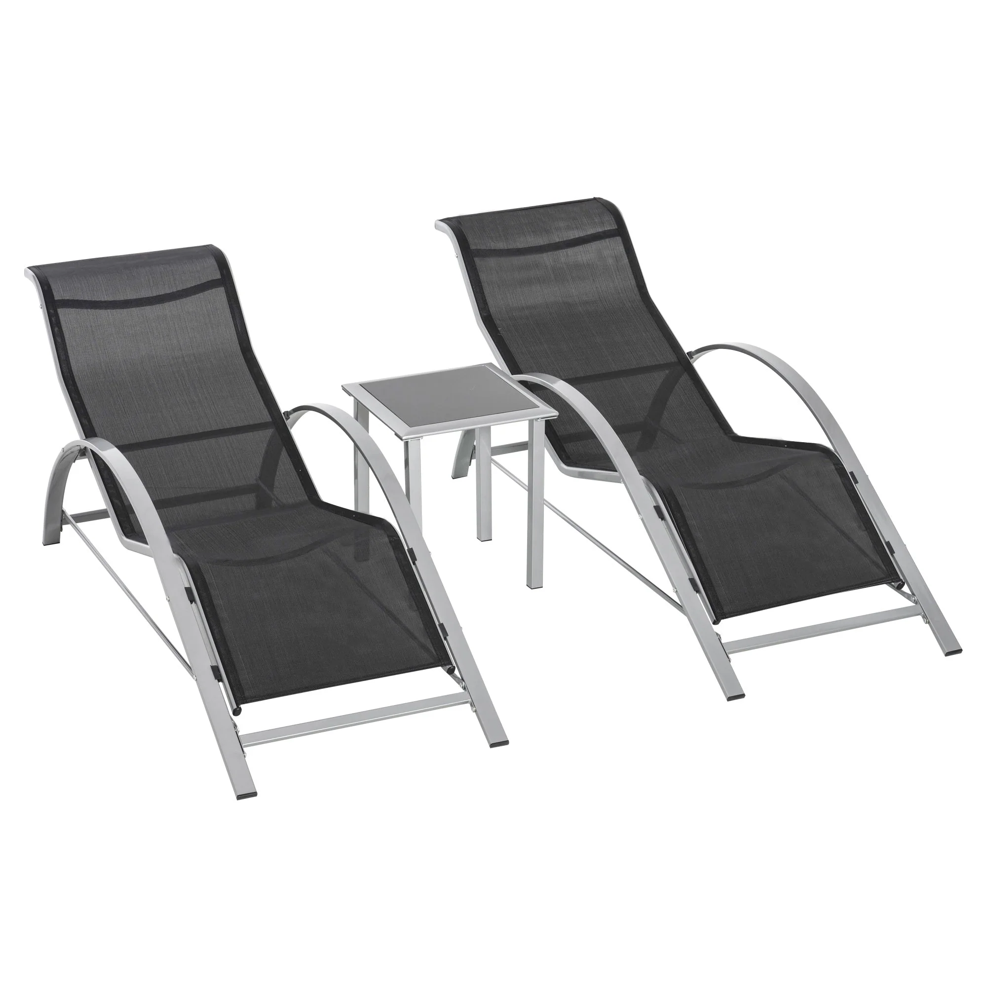 Garden Seating Set, 3-Piece Lounger & Table 2 Chairs Patio, Metal Mesh Black - Image 2
