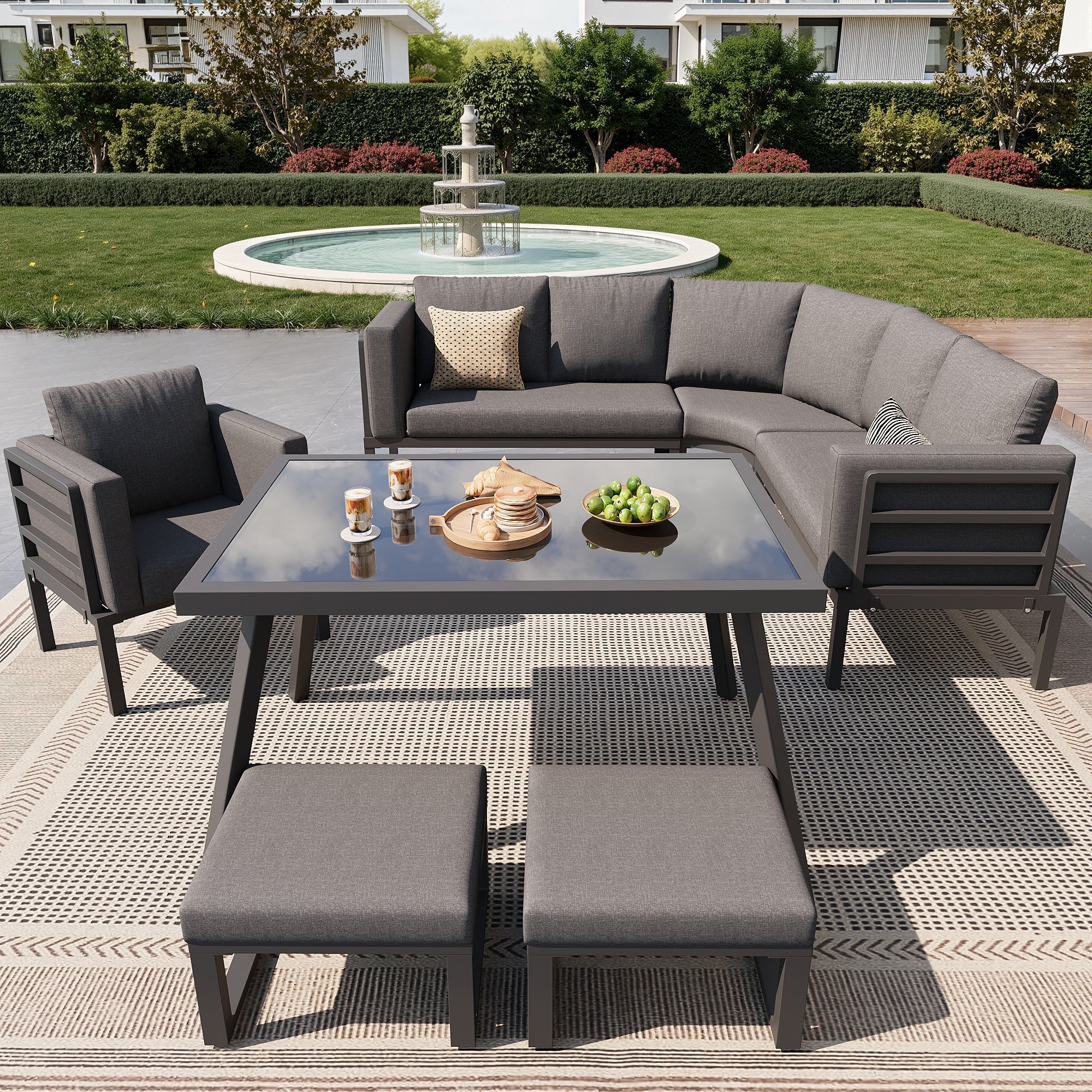 Garden Sofa Set Crescent 8-Person with Glass Table Weatherproof - Grey Cushions - Image 6