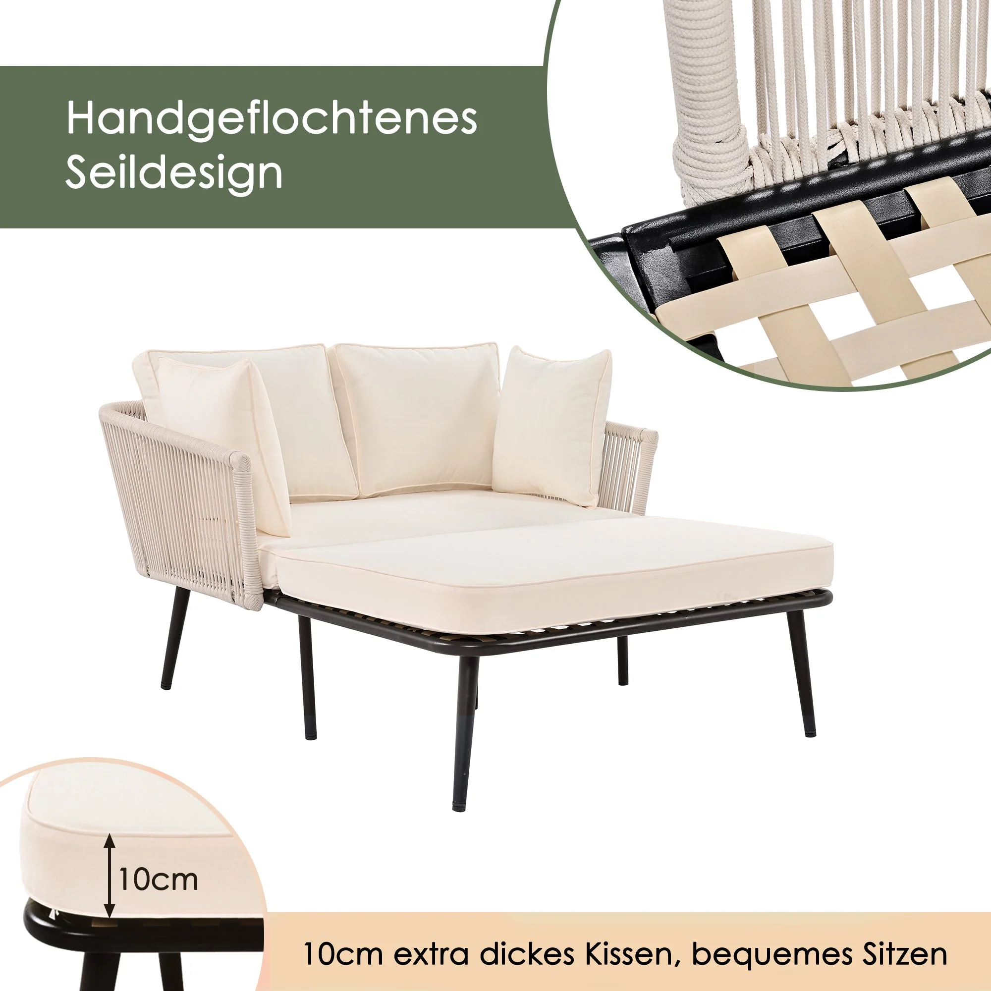 Garden Sofa with Cushions and Pillows, Outdoor Sun Lounger and Furniture Set, Beige - Image 5