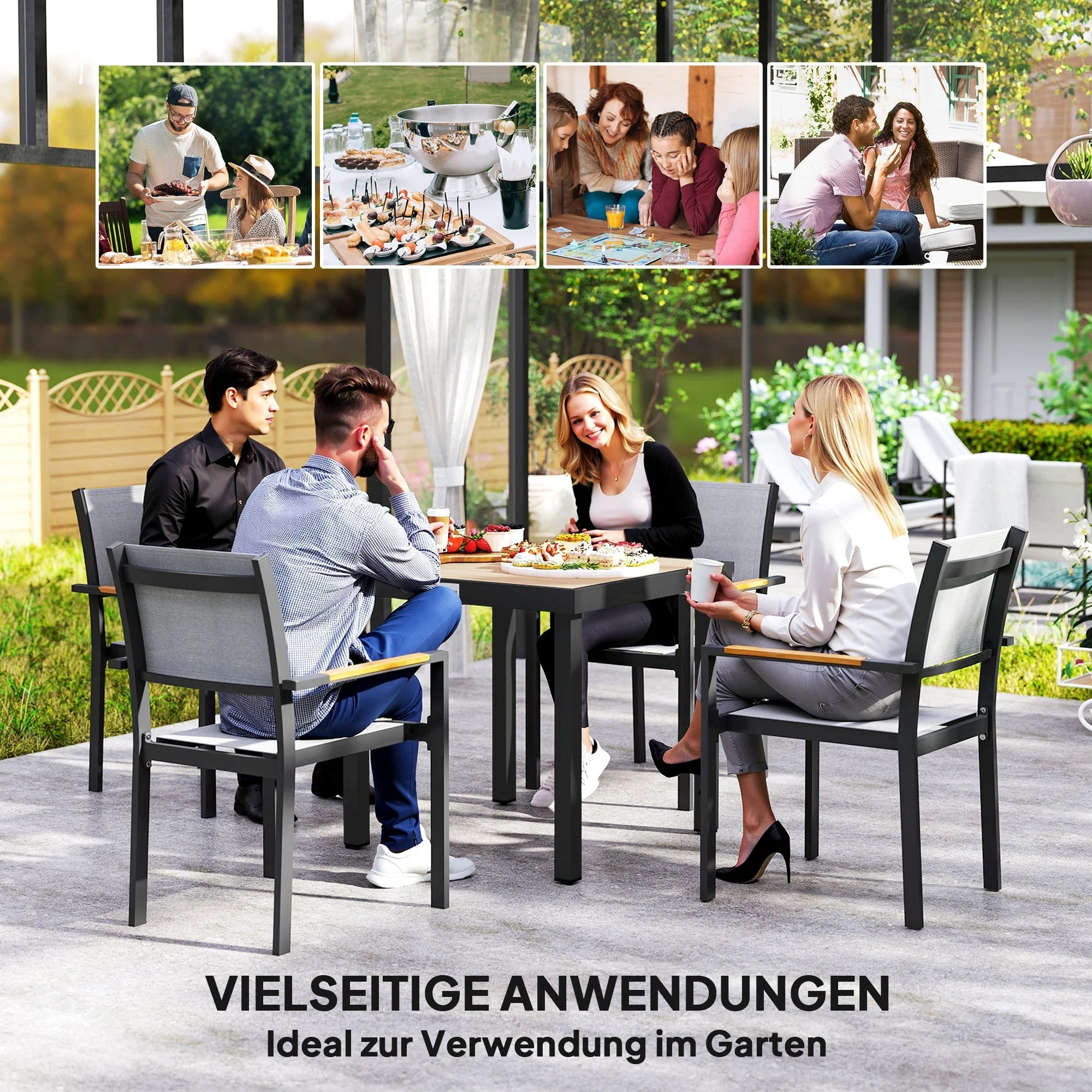 Garden Table 78x78cm Weatherproof Aluminum Frame for 4 People Black - Image 6